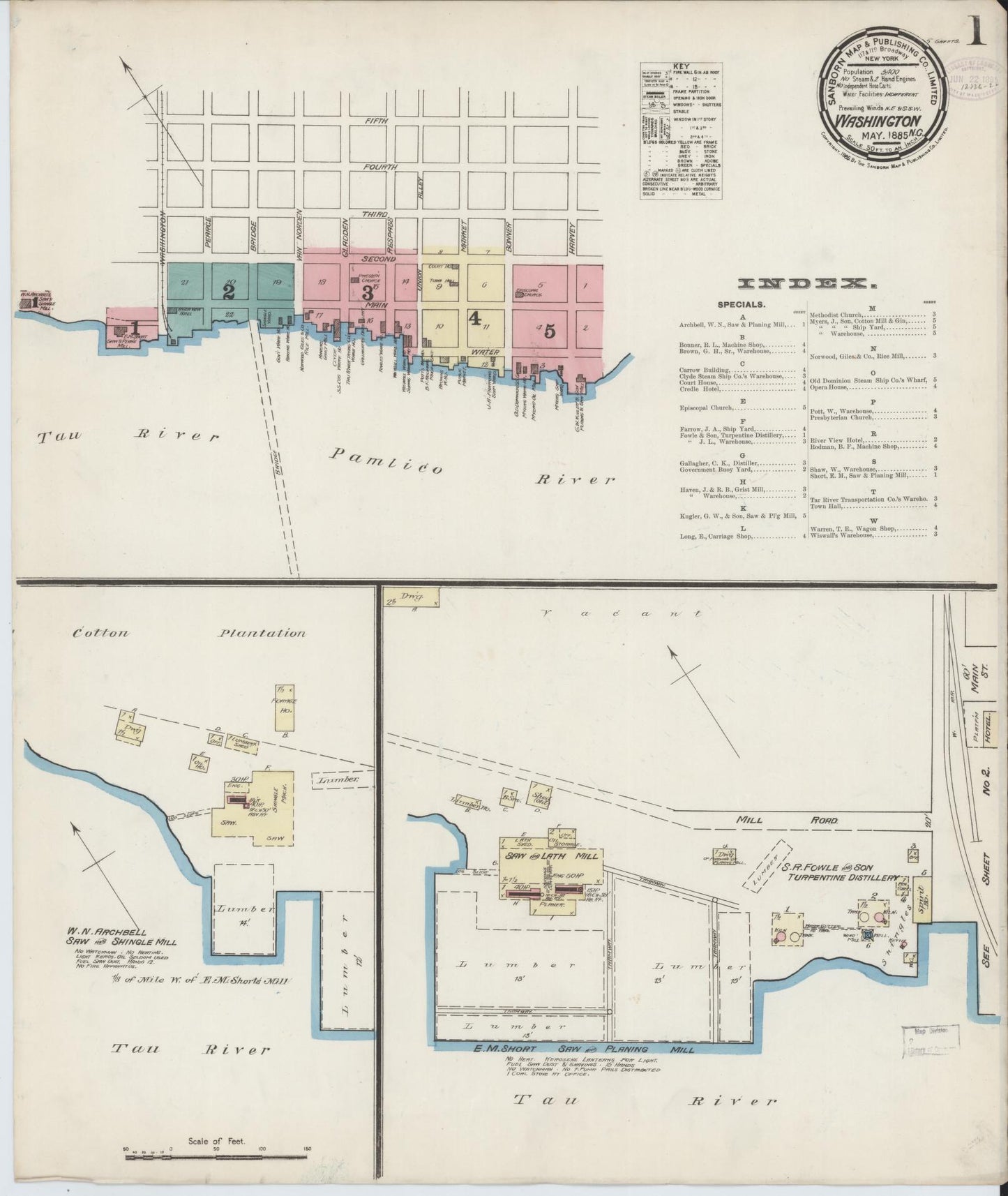 Sanborn Fire Insurance Map from Washington, Beaufort County, North Carolina (1885), Sheet #0001 - Historic Sanborn Fire Insurance Map Print, vintage old map wall art, antique decor, genealogy gift, Washington Washington map