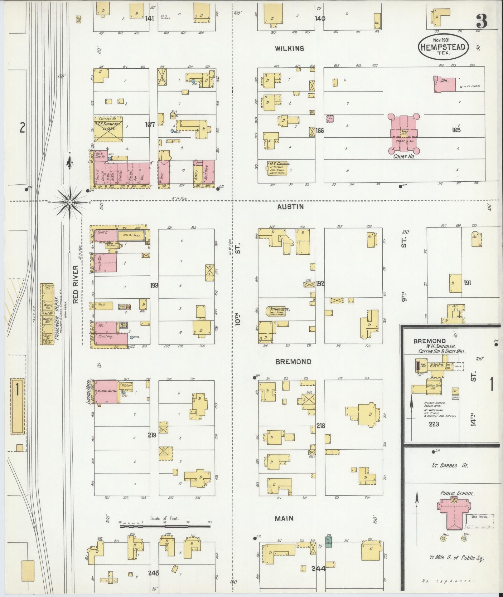 Sanborn Fire Insurance Map from Hempstead, Waller County, Texas (1901), Sheet #0003 - Complete Map Set gallery image, historic Sanborn map, vintage wall art, Texas Texas