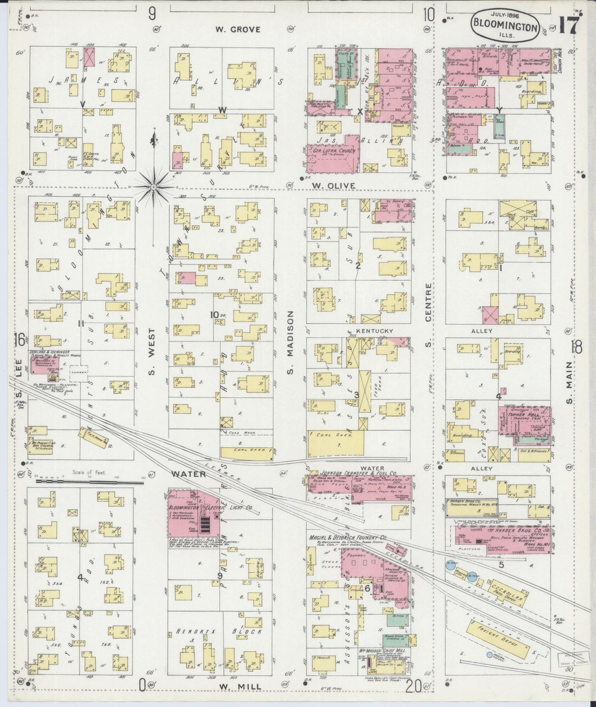 Sanborn Fire Insurance Map from Bloomington, McLean County, Illinois (1896), Sheet #0017 - Historic Sanborn Fire Insurance Map Print, vintage old map wall art, antique decor, genealogy gift, Illinois Illinois map