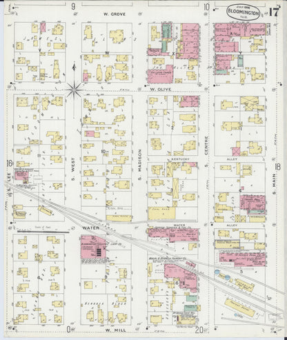 Sanborn Fire Insurance Map from Bloomington, McLean County, Illinois (1896), Sheet #0017 - Historic Sanborn Fire Insurance Map Print, vintage old map wall art, antique decor, genealogy gift, Illinois Illinois map