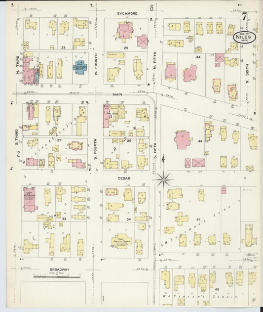 Sanborn Fire Insurance Map from Niles, Berrien County, Michigan (1907), Sheet #0007 - Historic Sanborn Fire Insurance Map Print, vintage old map wall art, antique decor, genealogy gift, Michigan Michigan map