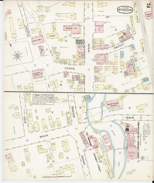 Sanborn Fire Insurance Map from Windsor, Windsor County, Vermont (1884), Sheet #0002 - Historic Sanborn Fire Insurance Map Print, vintage old map wall art, antique decor, genealogy gift, Vermont Vermont map