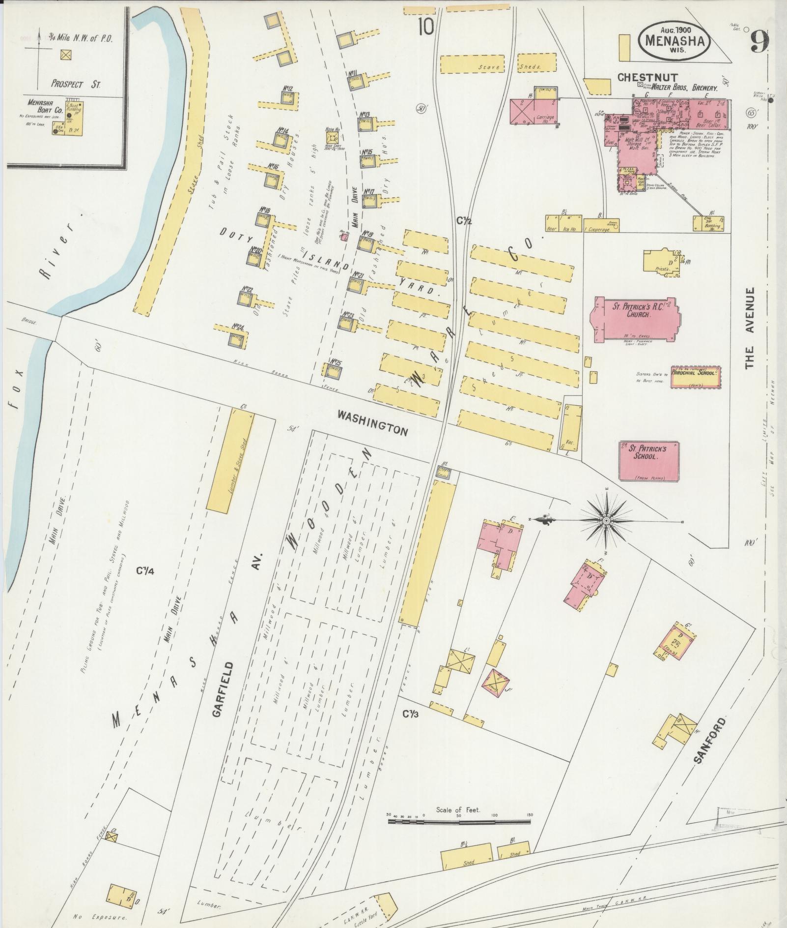 Sanborn Fire Insurance Map from Menasha, Winnebago County, Wisconsin (1900), Sheet #0009 - Historic Sanborn Fire Insurance Map Print, vintage old map wall art, antique decor, genealogy gift, Wisconsin Wisconsin map