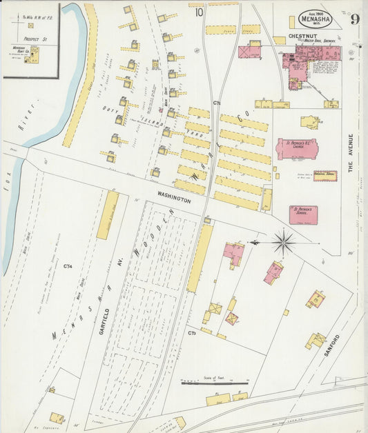 Sanborn Fire Insurance Map from Menasha, Winnebago County, Wisconsin (1900), Sheet #0009 - Historic Sanborn Fire Insurance Map Print, vintage old map wall art, antique decor, genealogy gift, Wisconsin Wisconsin map