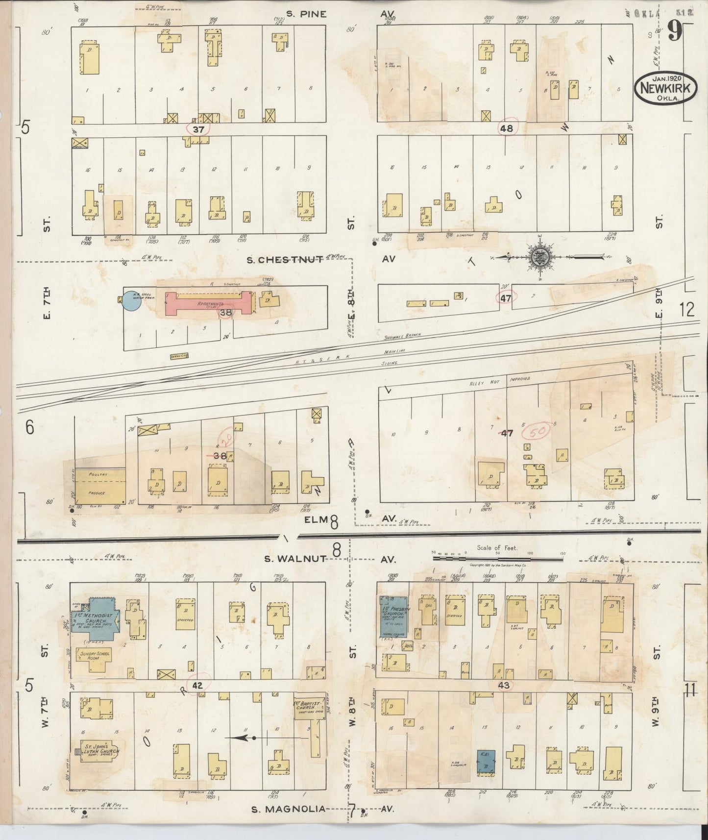 Sanborn Fire Insurance Map from Newkirk, Kay County, Oklahoma (1942), Sheet #0009 - Complete Map Set gallery image, historic Sanborn map, vintage wall art, Oklahoma Oklahoma