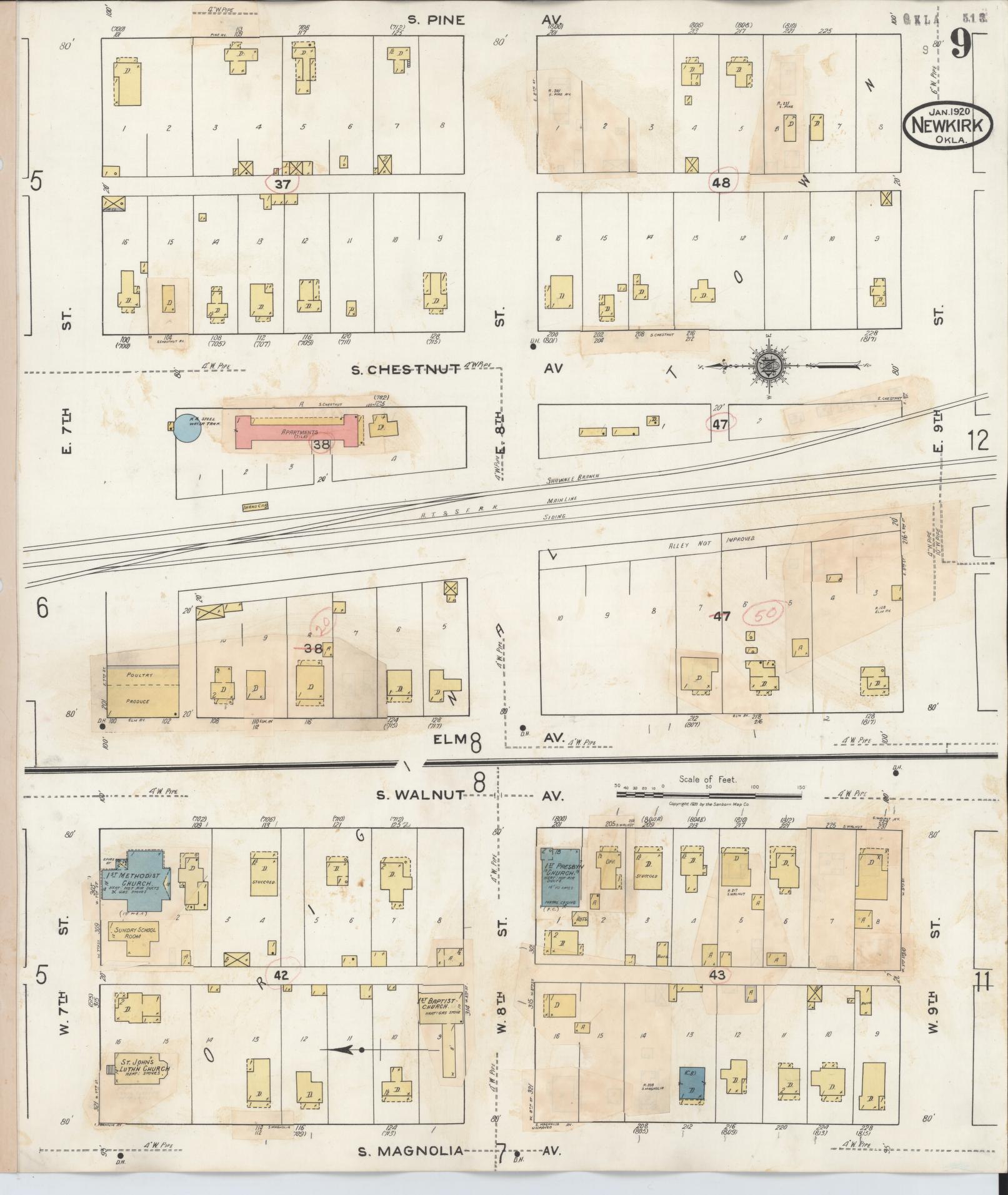 Sanborn Fire Insurance Map from Newkirk, Kay County, Oklahoma (1942), Sheet #0009 - Complete Map Set gallery image, historic Sanborn map, vintage wall art, Oklahoma Oklahoma