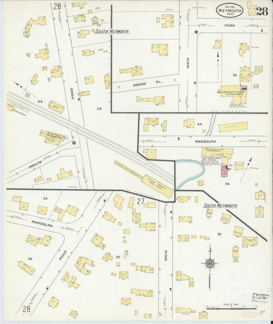 Sanborn Fire Insurance Map from Weymouth, Norfolk County, Massachusetts (1910), Sheet #0028 - Historic Sanborn Fire Insurance Map Print, vintage old map wall art, antique decor, genealogy gift, Massachusetts Massachusetts map