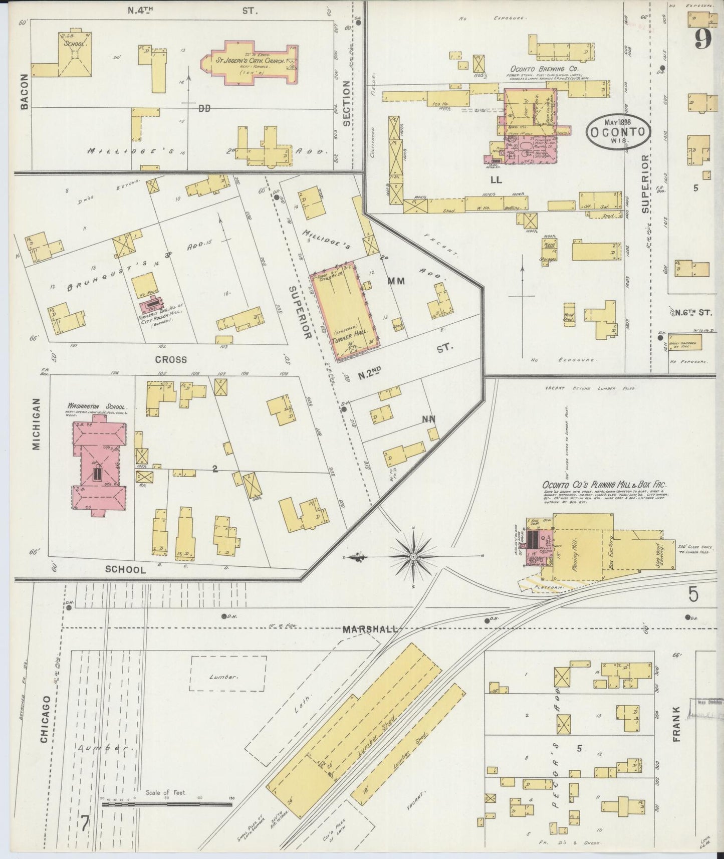 Sanborn Fire Insurance Map from Oconto, Oconto County, Wisconsin (1898), Sheet #0009 - Historic Sanborn Fire Insurance Map Print, vintage old map wall art, antique decor, genealogy gift, Wisconsin Wisconsin map