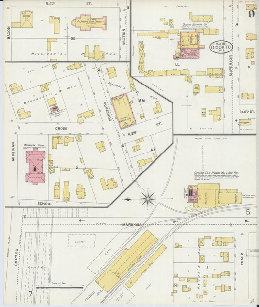 Sanborn Fire Insurance Map from Oconto, Oconto County, Wisconsin (1898), Sheet #0009 - Historic Sanborn Fire Insurance Map Print, vintage old map wall art, antique decor, genealogy gift, Wisconsin Wisconsin map