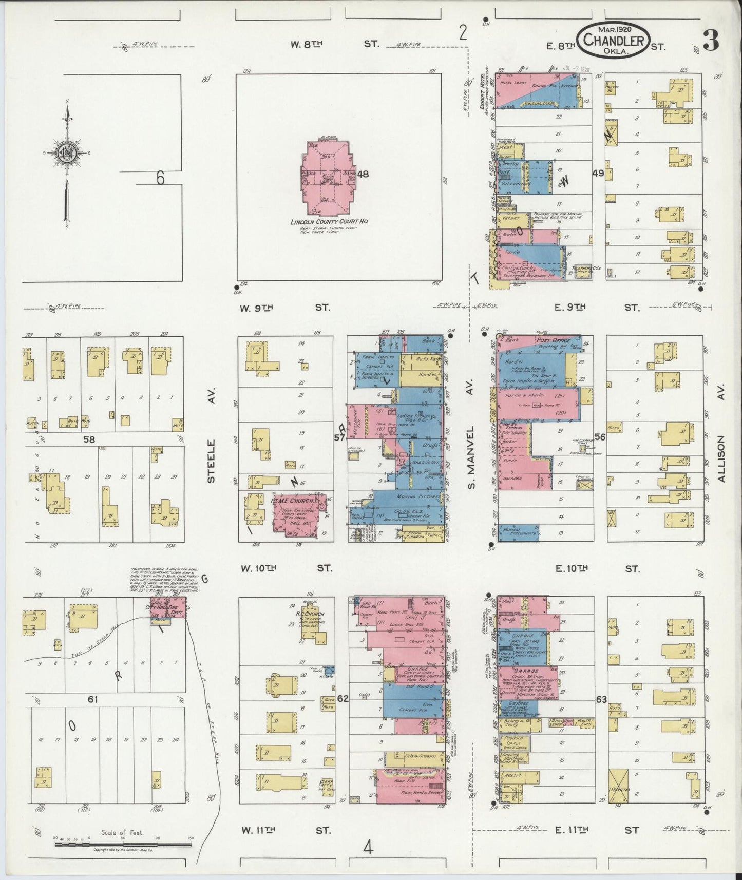 Sanborn Fire Insurance Map from Chandler, Lincoln County, Oklahoma (1920), Sheet #0003 - Historic Sanborn Fire Insurance Map Print, vintage old map wall art, antique decor, genealogy gift, Oklahoma Oklahoma map