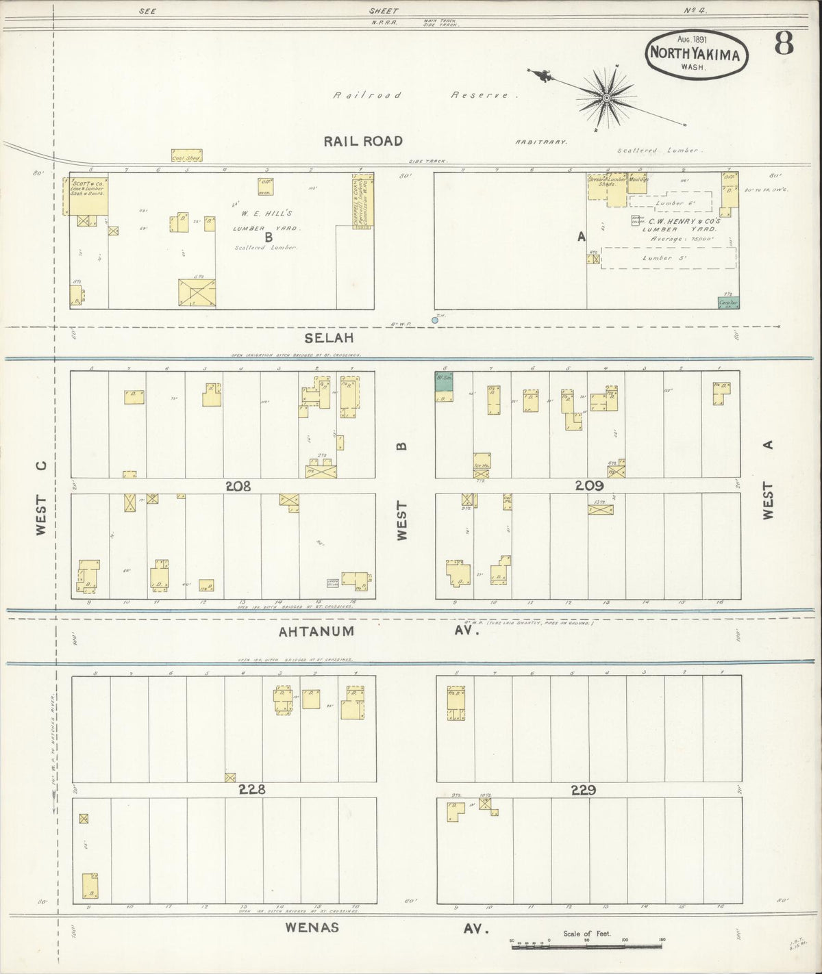Sanborn Fire Insurance Map from North Yakima, Yakima County, Washington (1891), Sheet #0008 - Historic Sanborn Fire Insurance Map Print, vintage old map wall art, antique decor, genealogy gift, Washington Washington map