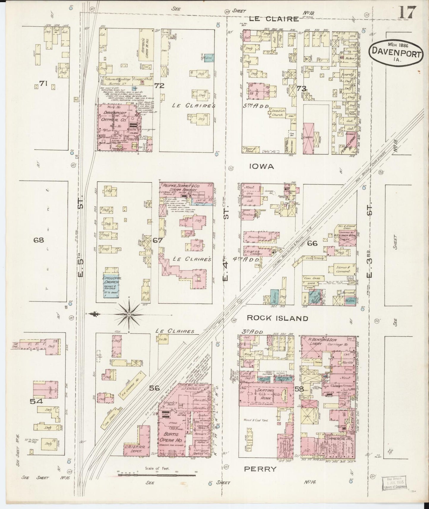 Sanborn Fire Insurance Map from Davenport, Scott County, Iowa (1886), Sheet #0017 - Historic Sanborn Fire Insurance Map Print, vintage old map wall art