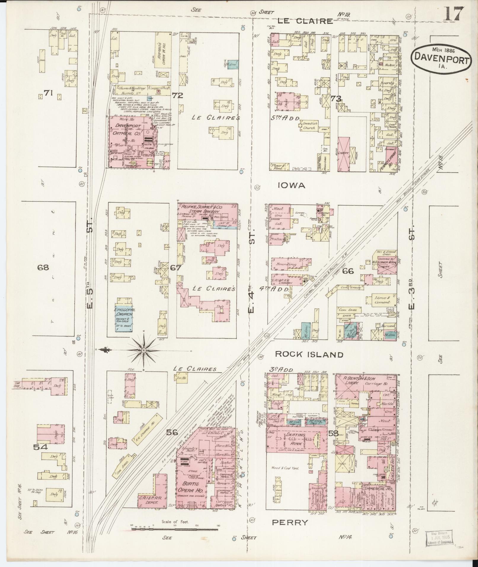 Sanborn Fire Insurance Map from Davenport, Scott County, Iowa (1886), Sheet #0017 - Historic Sanborn Fire Insurance Map Print, vintage old map wall art