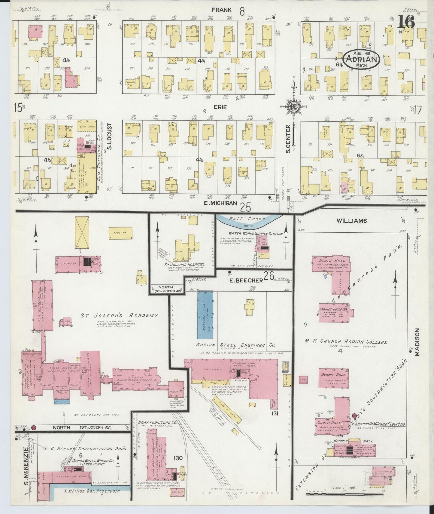 Sanborn Fire Insurance Map from Adrian, Lenawee County, Michigan (1916), Sheet #0016 - Historic Sanborn Fire Insurance Map Print, vintage old map wall art, antique decor, genealogy gift, Michigan Michigan map