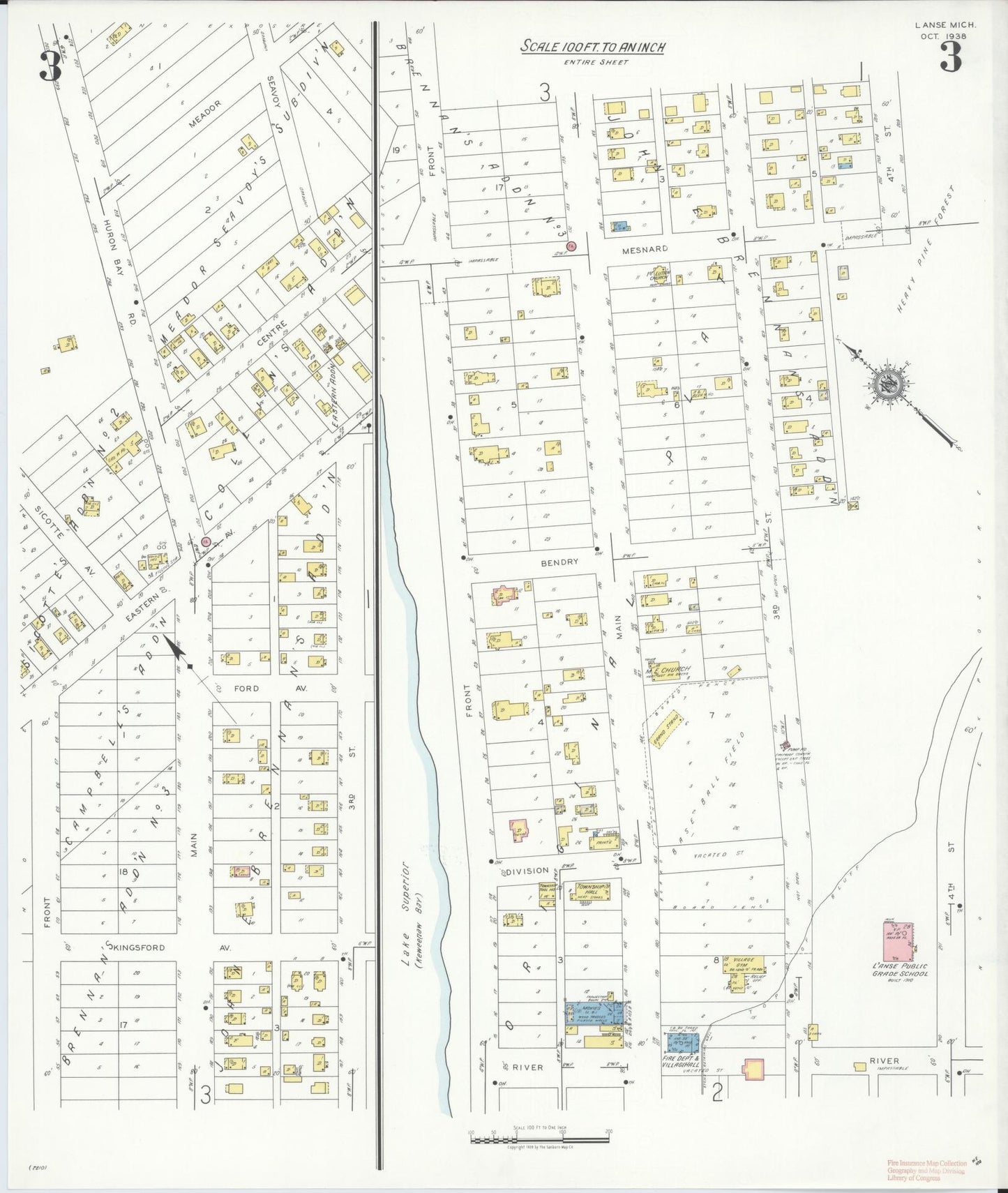 Sanborn Fire Insurance Map from L'Anse, Baraga County, Michigan (1938), Sheet #0003 - Complete Map Set gallery image, historic Sanborn map, vintage wall art, Michigan Michigan
