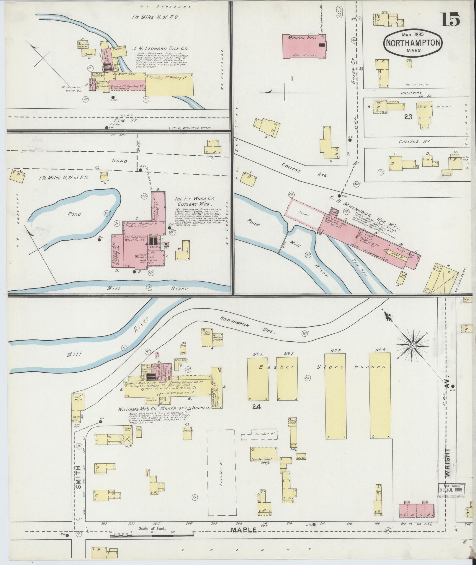 Sanborn Fire Insurance Map from Northampton, Hampshire County, Massachusetts (1895), Sheet #0015 - Historic Sanborn Fire Insurance Map Print, vintage old map wall art, antique decor, genealogy gift, Massachusetts Massachusetts map