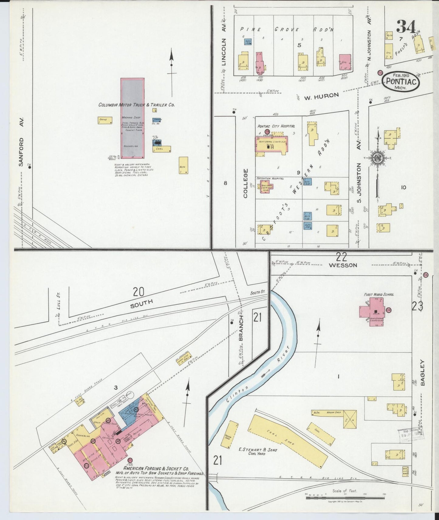 Sanborn Fire Insurance Map from Pontiac, Oakland County, Michigan (1919), Sheet #0034 - Complete Map Set gallery image, historic Sanborn map, vintage wall art, Michigan Michigan