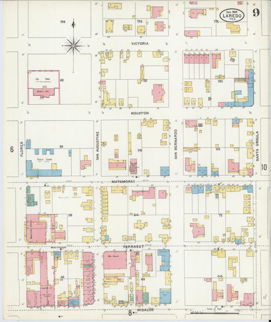 Sanborn Fire Insurance Map from Laredo, Webb County, Texas (1905), Sheet #0009 - Historic Sanborn Fire Insurance Map Print, vintage old map wall art, antique decor, genealogy gift, Texas Texas map