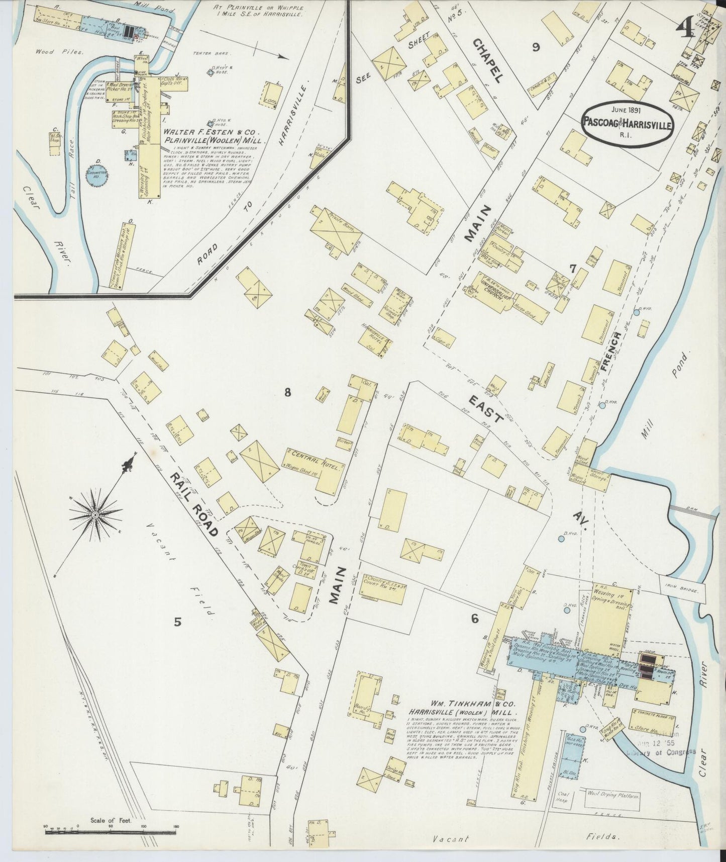 Sanborn Fire Insurance Map from Pascoag, Providence County, Rhode Island (1891), Sheet #0004 - Historic Sanborn Fire Insurance Map Print, vintage old map wall art, antique decor, genealogy gift, Rhode Island Rhode Island map