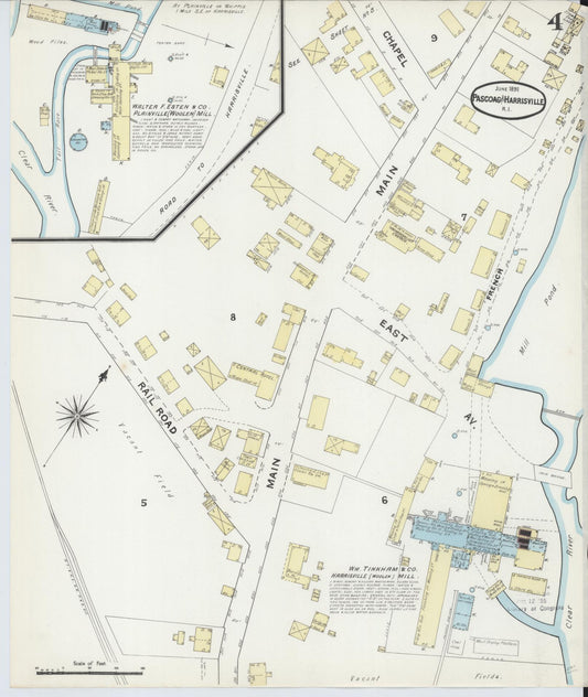 Sanborn Fire Insurance Map from Pascoag, Providence County, Rhode Island (1891), Sheet #0004 - Historic Sanborn Fire Insurance Map Print, vintage old map wall art, antique decor, genealogy gift, Rhode Island Rhode Island map