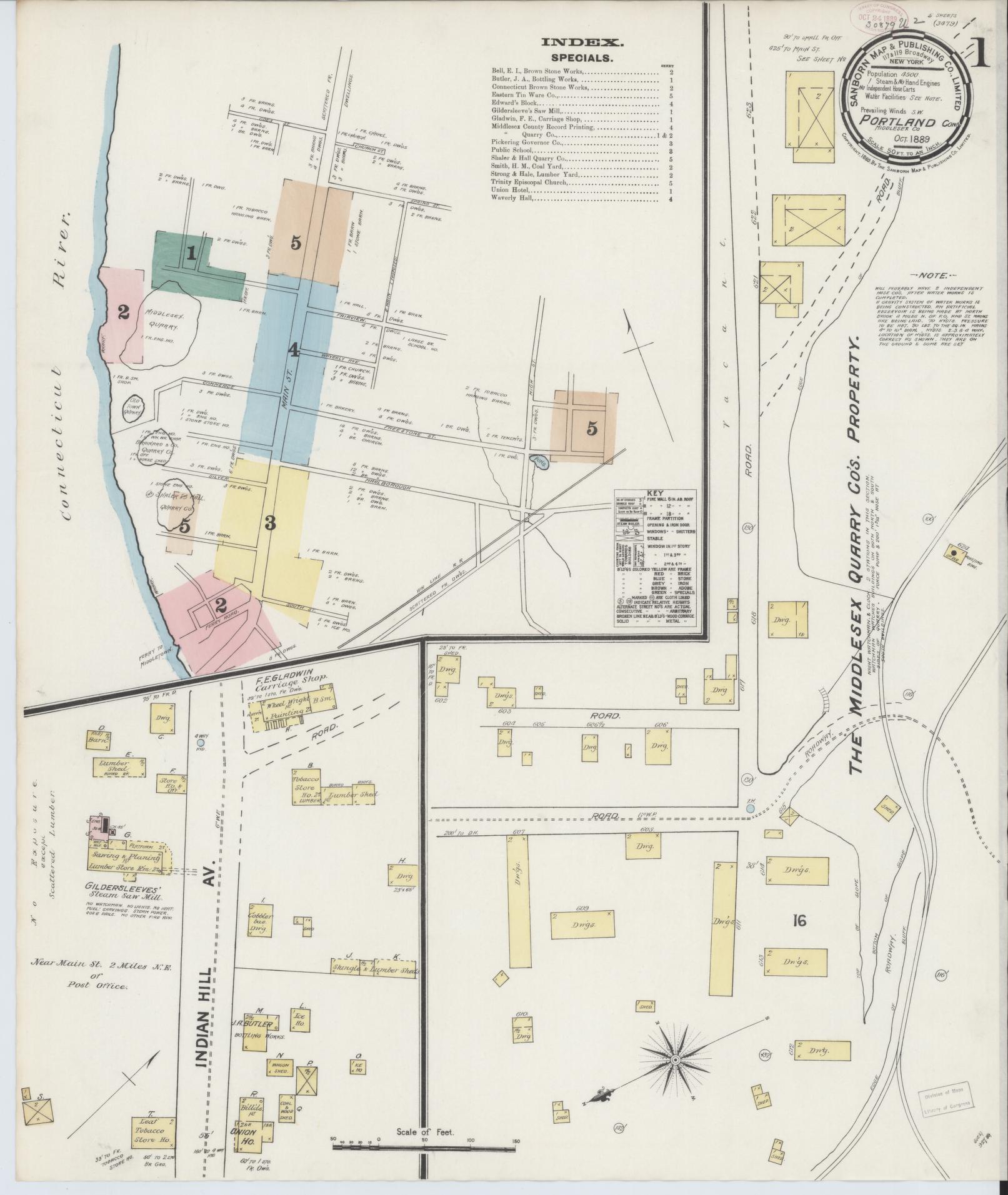 Sanborn Fire Insurance Map from Portland, Middlesex County, Connecticut (1889), Sheet #0001 - Historic Sanborn Fire Insurance Map Print, vintage old map wall art, antique decor, genealogy gift, Connecticut Connecticut map