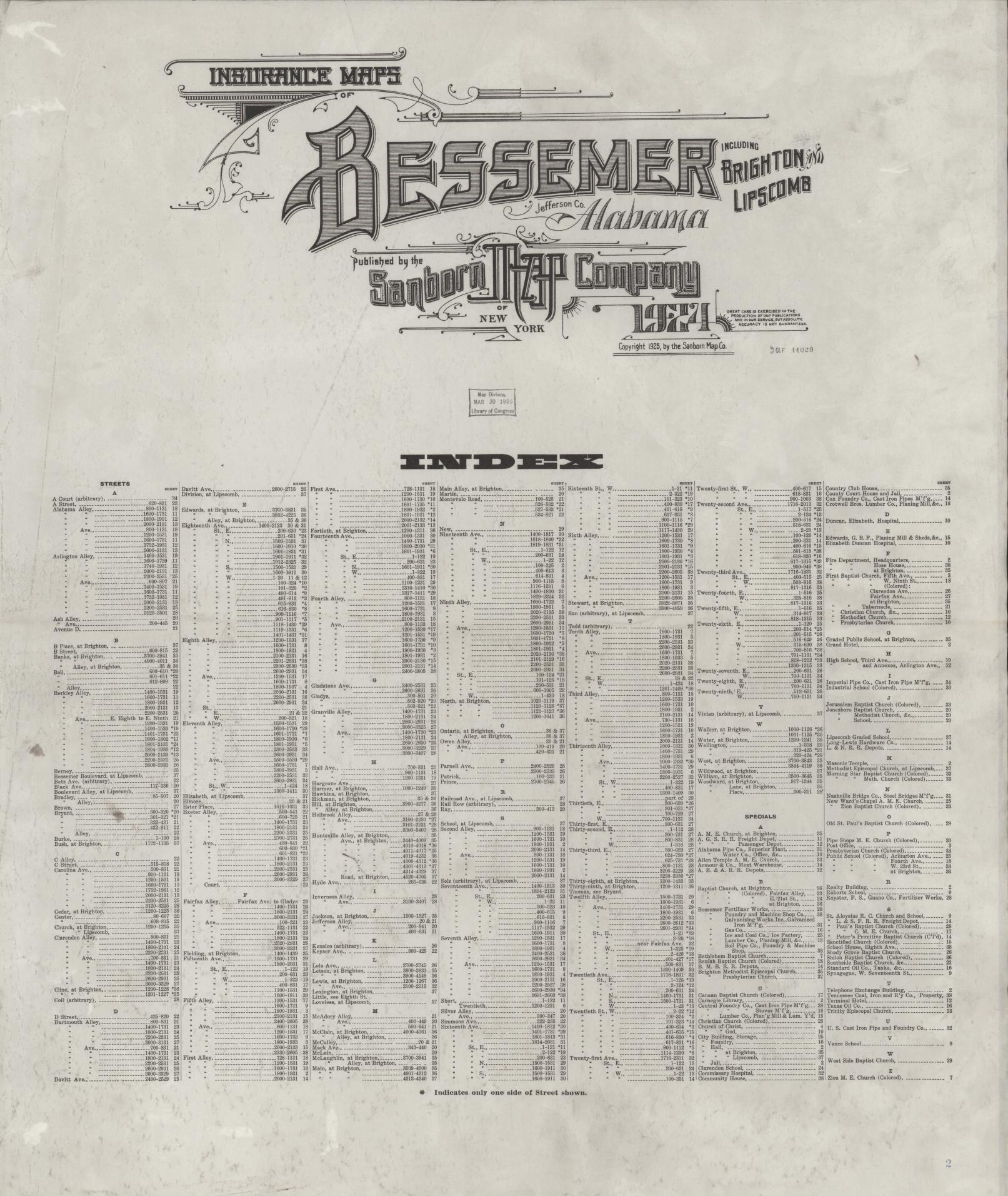 Sanborn Fire Insurance Map from Bessemer, Jefferson County, Alabama (1924), Sheet #0001 - Complete Map Set gallery image, historic Sanborn map, vintage wall art, Alabama Alabama