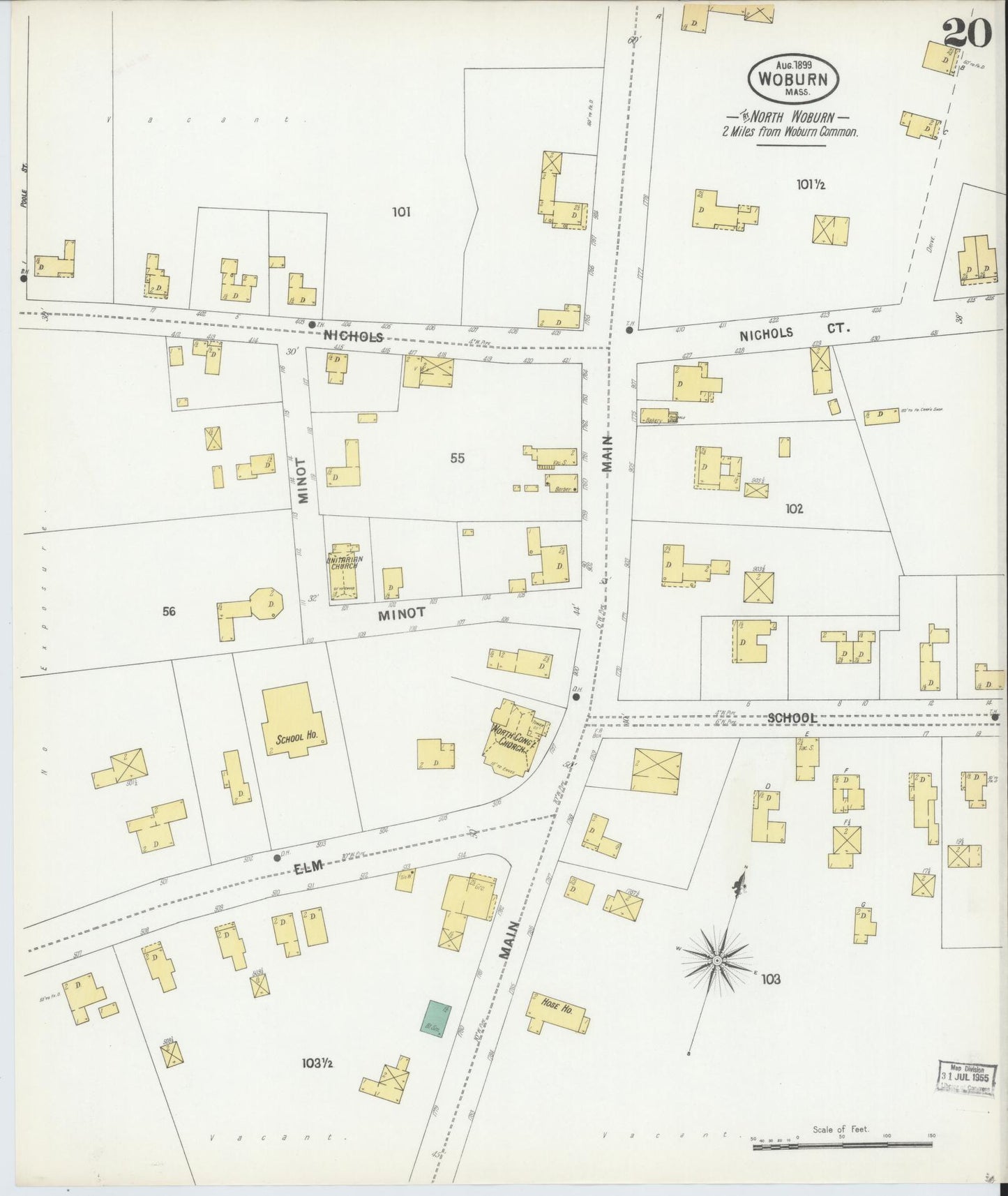 Sanborn Fire Insurance Map from Woburn, Middlesex County, Massachusetts (1899), Sheet #0020 - Historic Sanborn Fire Insurance Map Print, vintage old map wall art, antique decor, genealogy gift, Massachusetts Massachusetts map