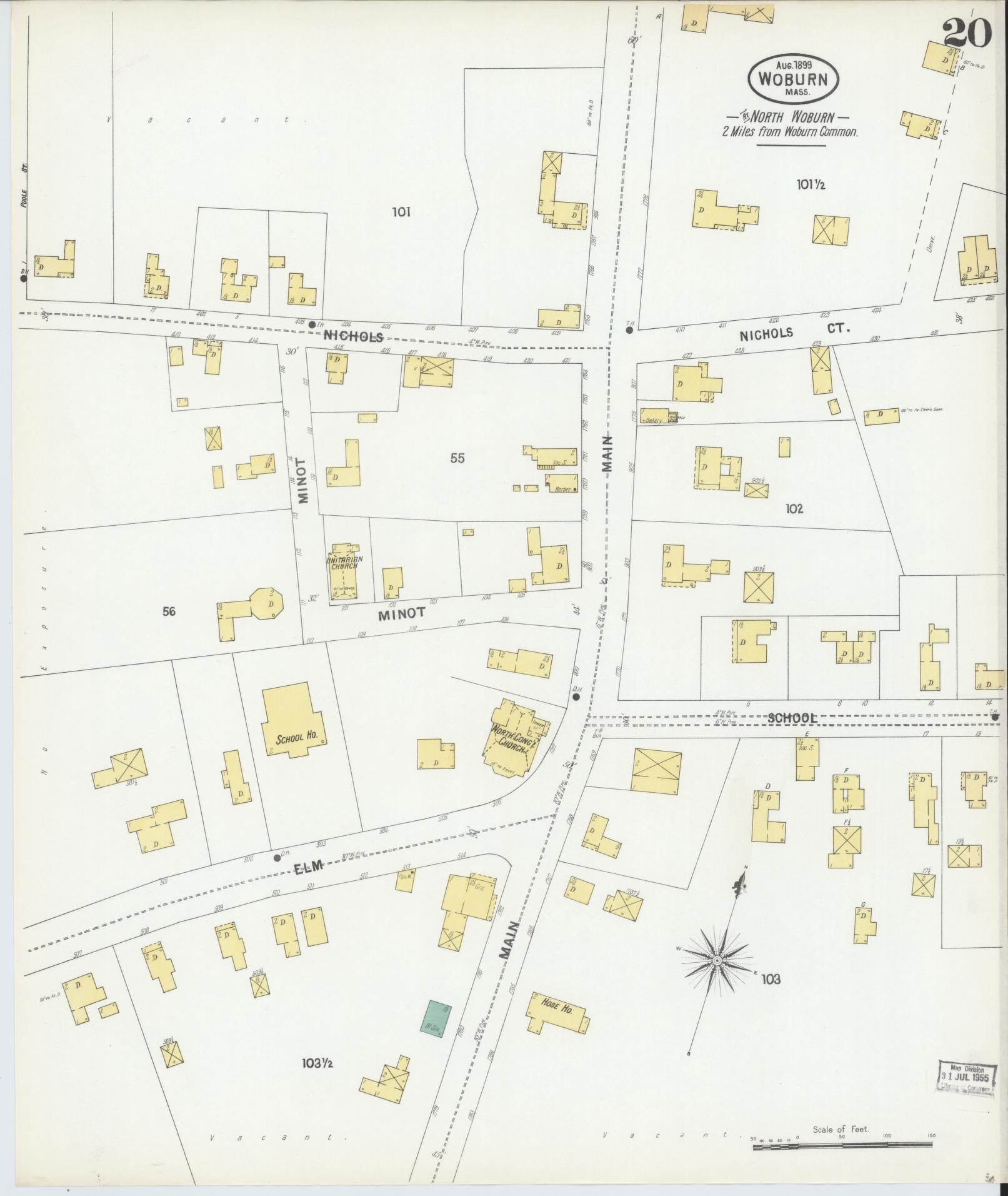 Sanborn Fire Insurance Map from Woburn, Middlesex County, Massachusetts (1899), Sheet #0020 - Historic Sanborn Fire Insurance Map Print, vintage old map wall art, antique decor, genealogy gift, Massachusetts Massachusetts map
