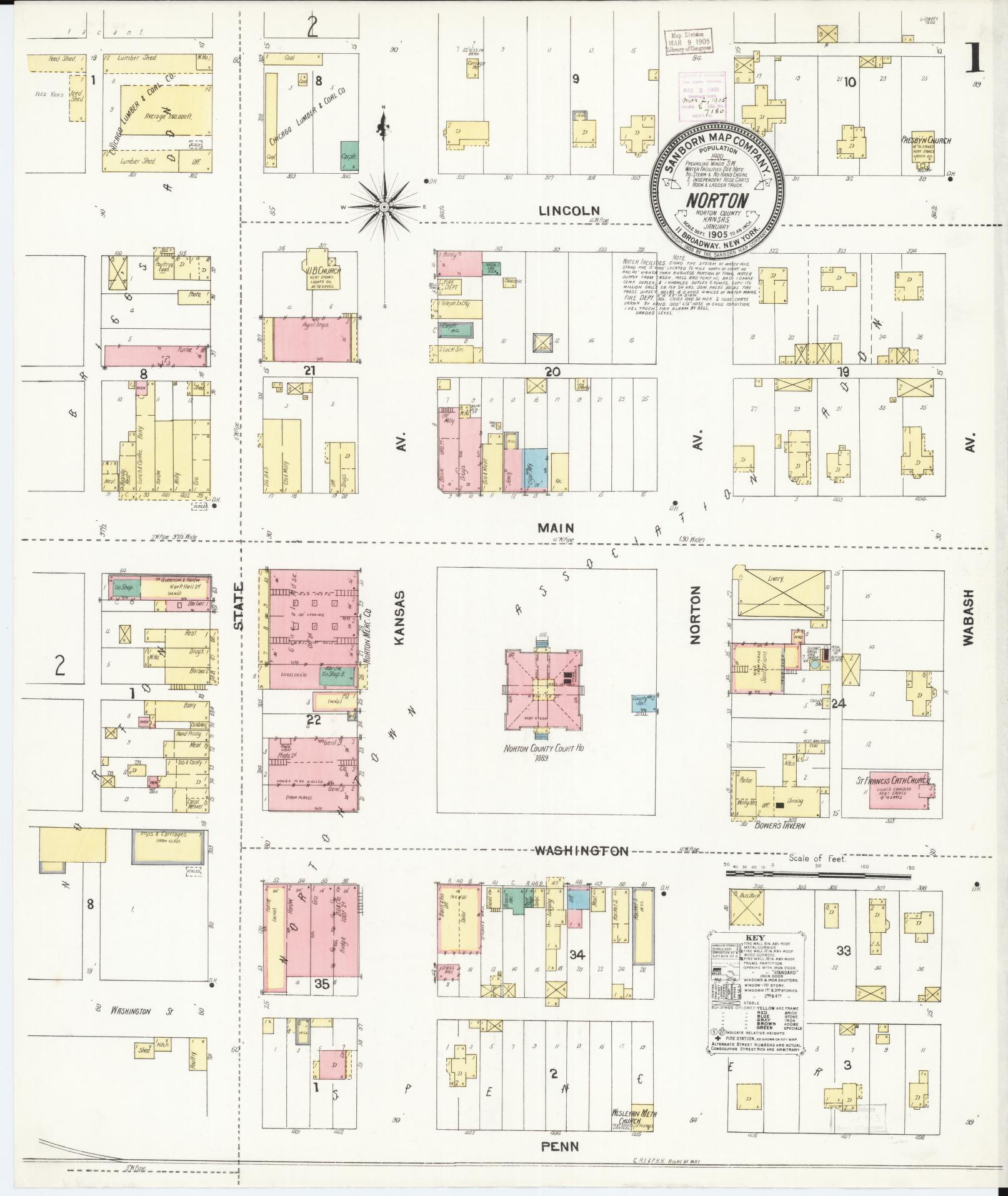 Sanborn Fire Insurance Map from Norton, Norton County, Kansas (1905), Sheet #0001 - Complete Map Set gallery image, historic Sanborn map, vintage wall art, Kansas Kansas