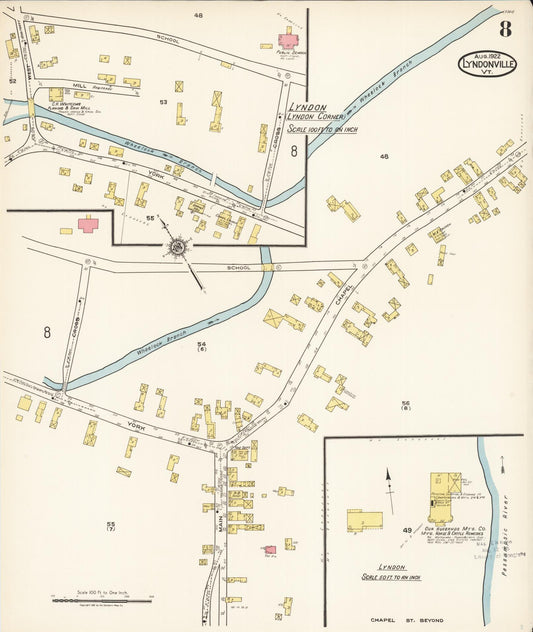 Sanborn Fire Insurance Map from Lyndonville, Caledonia County, Vermont (1922), Sheet #0008 - Historic Sanborn Fire Insurance Map Print, vintage old map wall art, antique decor, genealogy gift, Vermont Vermont map