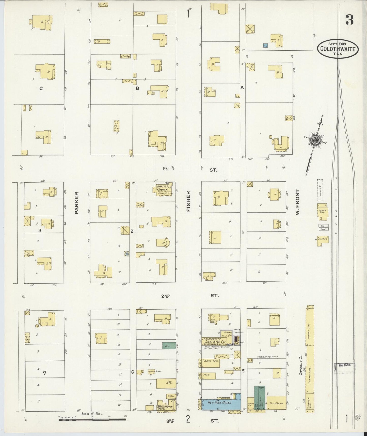 Sanborn Fire Insurance Map from Goldthwaite, Mills County, Texas (1909), Sheet #0003 - Historic Sanborn Fire Insurance Map Print, vintage old map wall art, antique decor, genealogy gift, Texas Texas map