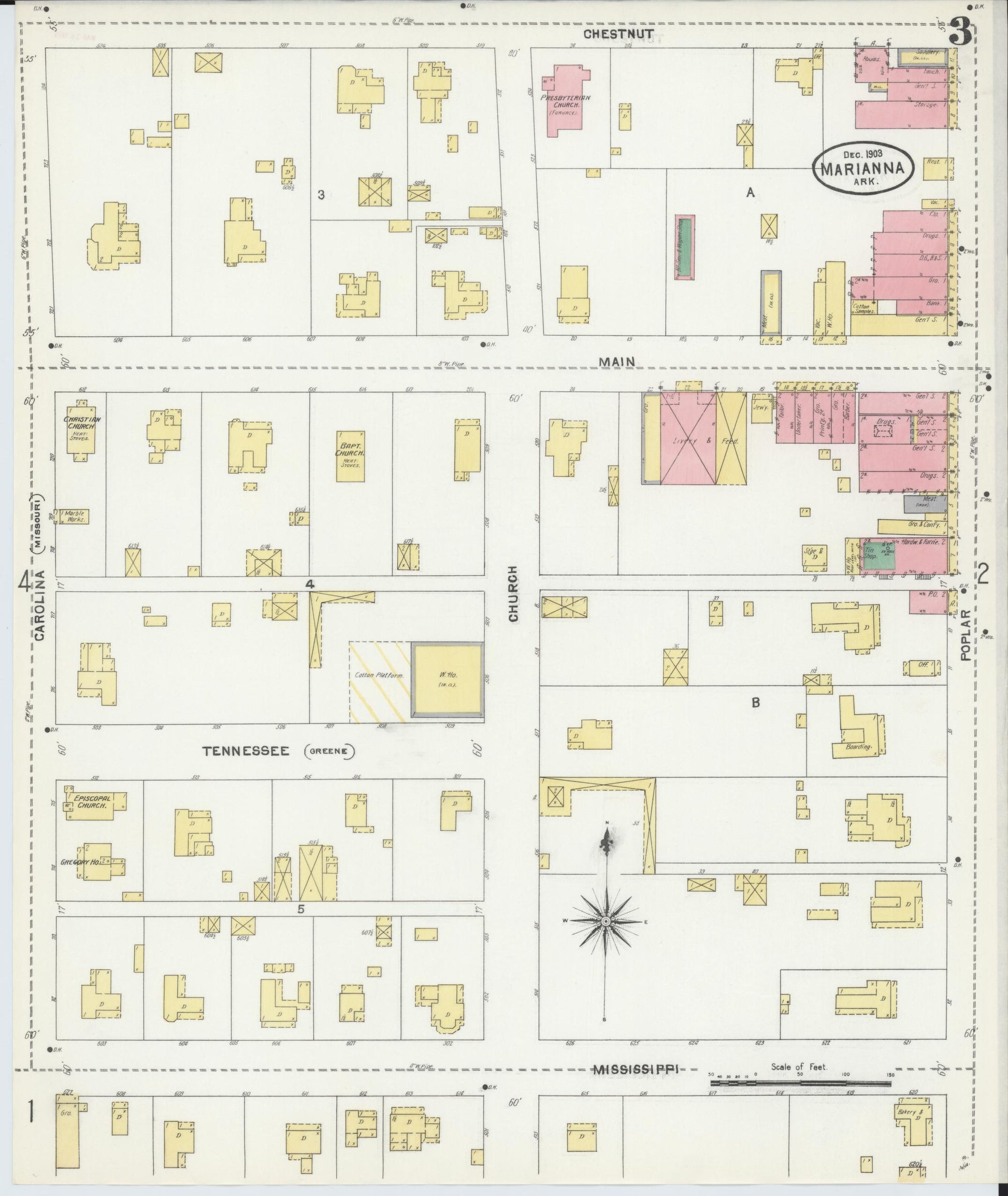 Sanborn Fire Insurance Map from Marianna, Lee County, Arkansas (1903), Sheet #0003 - Historic Sanborn Fire Insurance Map Print, vintage old map wall art, antique decor, genealogy gift, Arkansas Arkansas map