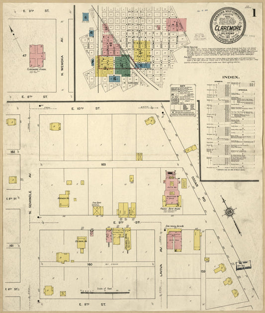 Sanborn Fire Insurance Map from Claremore, Rogers County, Oklahoma (1911), Sheet #0001 - Historic Sanborn Fire Insurance Map Print, vintage old map wall art, antique decor, genealogy gift, Oklahoma Oklahoma map