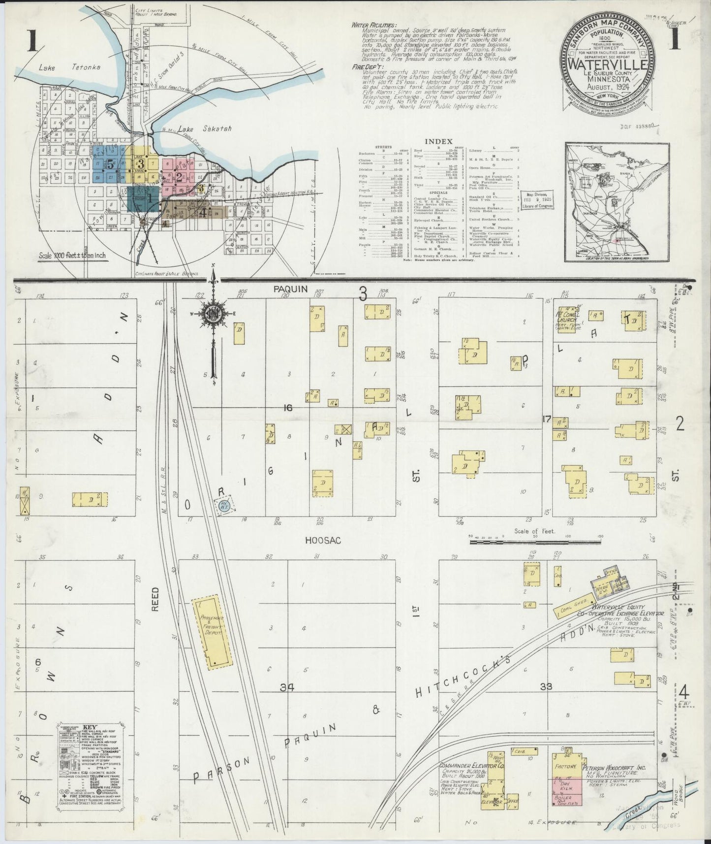 Sanborn Fire Insurance Map from Waterville, Le Sueur County, Minnesota (1924), Sheet #0001 - Historic Sanborn Fire Insurance Map Print, vintage old map wall art, antique decor, genealogy gift, Minnesota Minnesota map