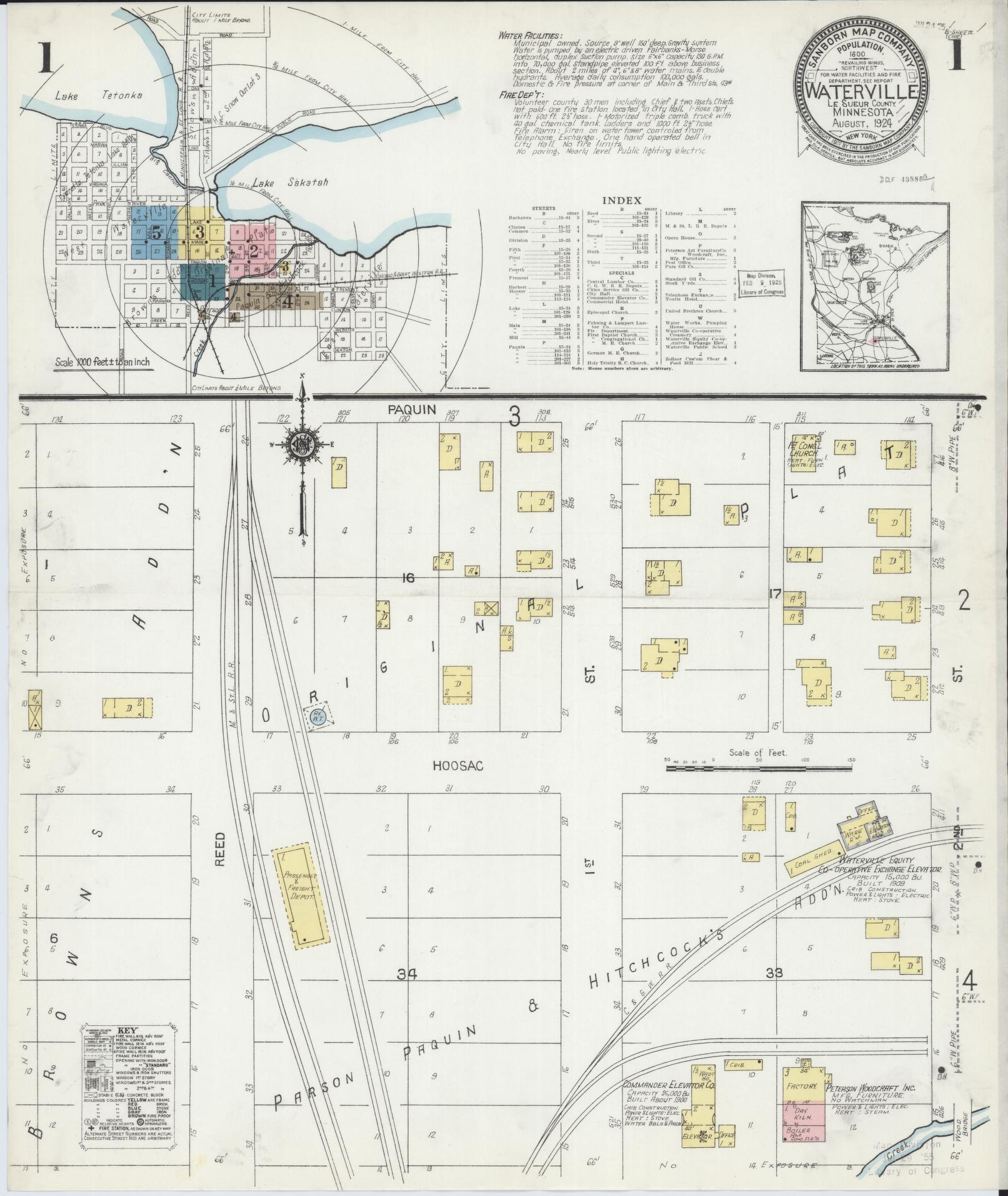 Sanborn Fire Insurance Map from Waterville, Le Sueur County, Minnesota (1924), Sheet #0001 - Historic Sanborn Fire Insurance Map Print, vintage old map wall art, antique decor, genealogy gift, Minnesota Minnesota map