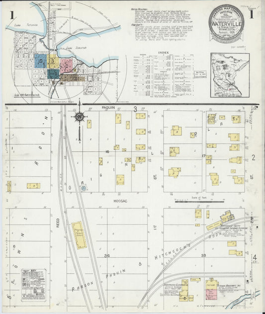 Sanborn Fire Insurance Map from Waterville, Le Sueur County, Minnesota (1924), Sheet #0001 - Historic Sanborn Fire Insurance Map Print, vintage old map wall art, antique decor, genealogy gift, Minnesota Minnesota map