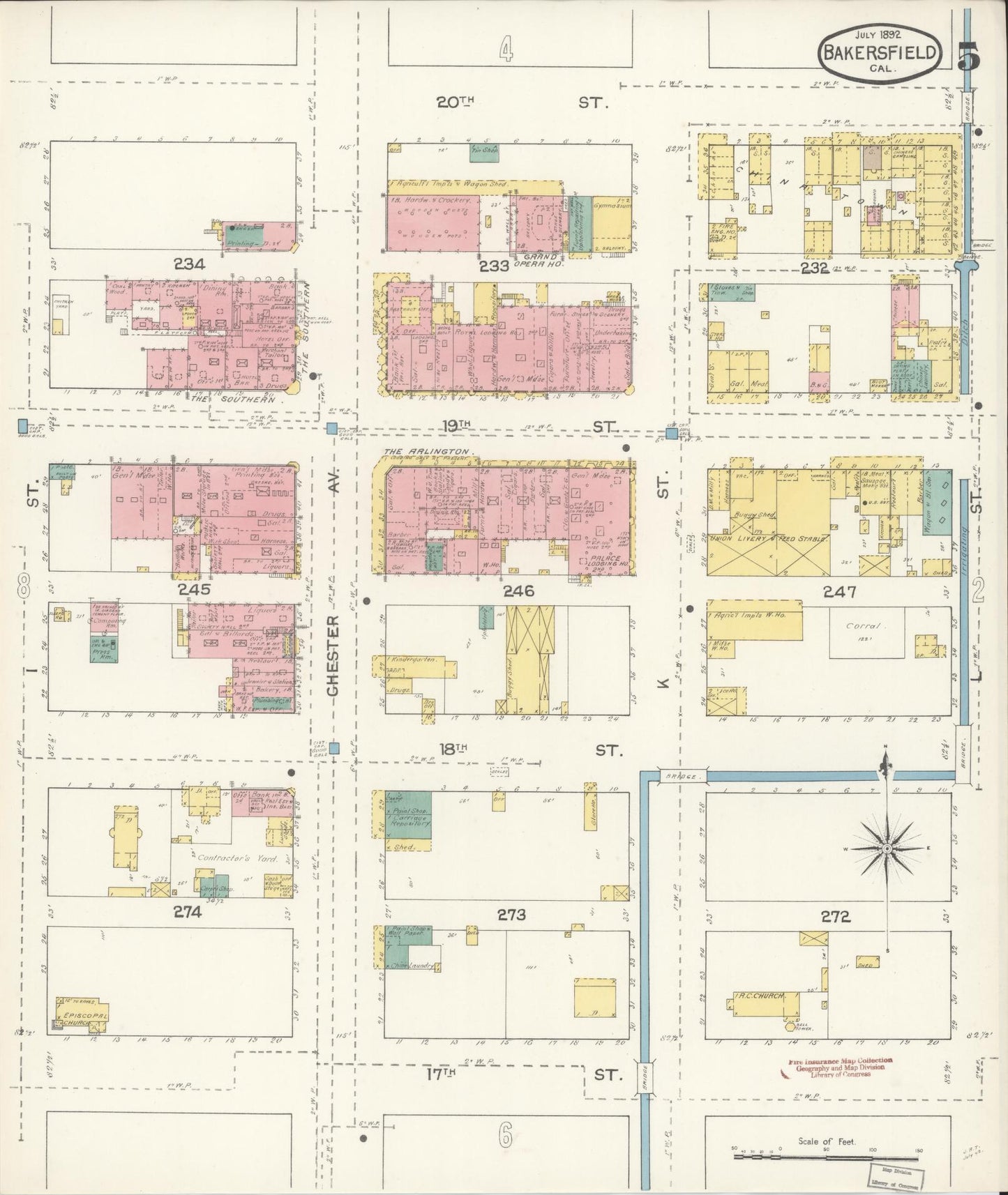 Sanborn Fire Insurance Map from Bakersfield, Kern County, California (1892), Sheet #0005 - Historic Sanborn Fire Insurance Map Print, vintage old map wall art, antique decor, genealogy gift, California California map