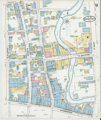 Sanborn Fire Insurance Map from San Antonio, Bexar County, Texas (1892), Sheet #0009 - Historic Sanborn Fire Insurance Map Print, vintage old map wall art, antique decor, genealogy gift, Texas Texas map