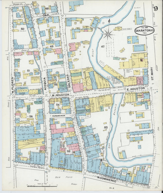 Sanborn Fire Insurance Map from San Antonio, Bexar County, Texas (1892), Sheet #0009 - Historic Sanborn Fire Insurance Map Print, vintage old map wall art, antique decor, genealogy gift, Texas Texas map