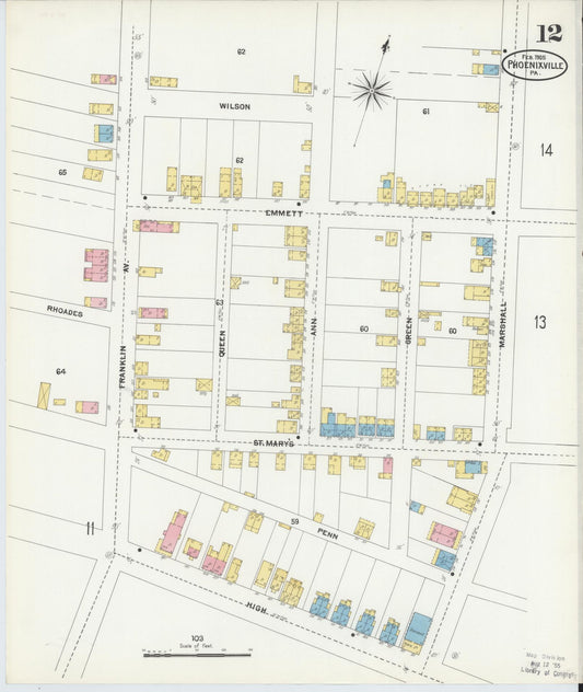 Sanborn Fire Insurance Map from Phoenixville, Chester County, Pennsylvania (1906), Sheet #0012 - Historic Sanborn Fire Insurance Map Print, vintage old map wall art, antique decor, genealogy gift, Pennsylvania Pennsylvania map