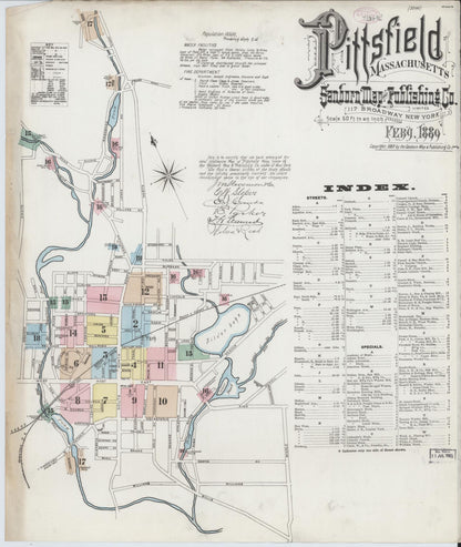 Sanborn Fire Insurance Map from Pittsfield, Berkshire County, Massachusetts (1889), Sheet #0001 - Historic Sanborn Fire Insurance Map Print, vintage old map wall art, antique decor, genealogy gift, Massachusetts Massachusetts map