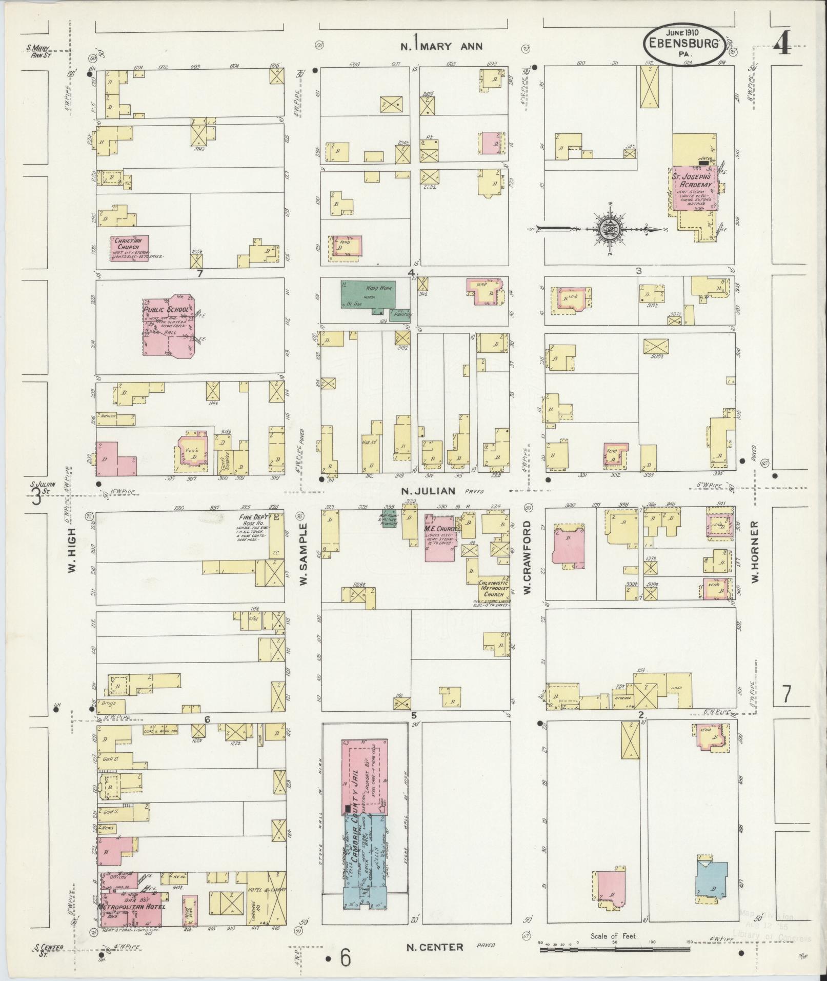 Sanborn Fire Insurance Map from Ebensburg, Cambria County, Pennsylvania (1910), Sheet #0004 - Historic Sanborn Fire Insurance Map Print, vintage old map wall art, antique decor, genealogy gift, Pennsylvania Pennsylvania map