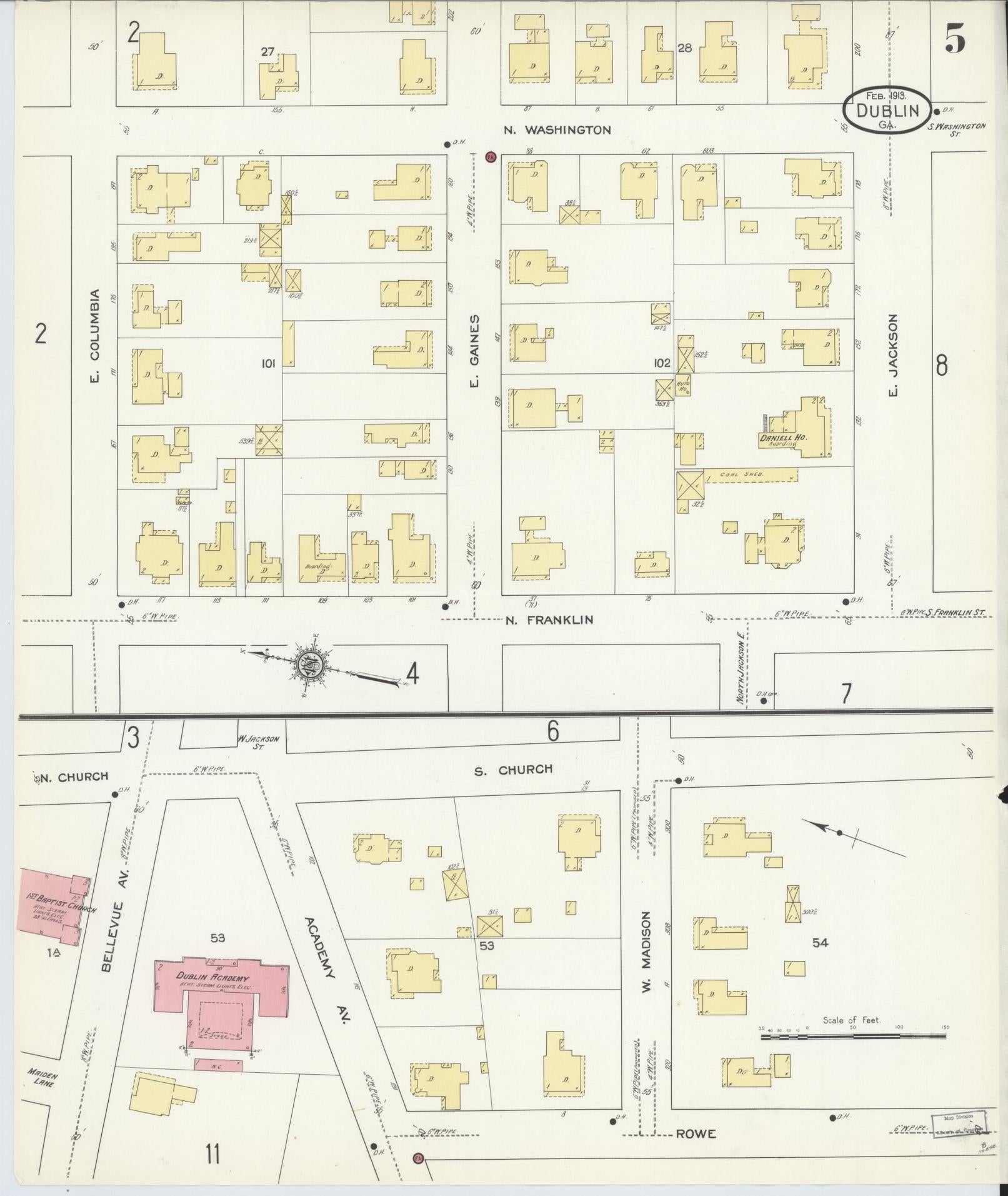 Sanborn Fire Insurance Map from Dublin, Laurens County, Georgia (1913), Sheet #0005 - Historic Sanborn Fire Insurance Map Print, vintage old map wall art, antique decor, genealogy gift, Georgia Georgia map