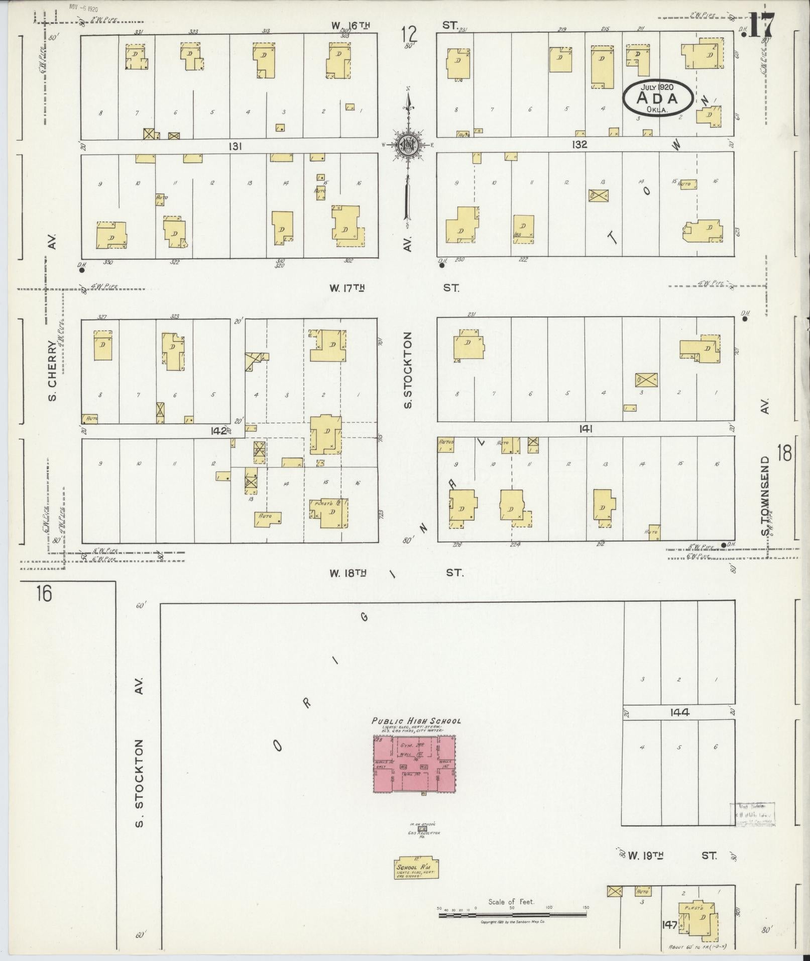 Sanborn Fire Insurance Map from Ada, Pontotoc County, Oklahoma (1920), Sheet #0017 - Complete Map Set gallery image, historic Sanborn map, vintage wall art, Oklahoma Oklahoma