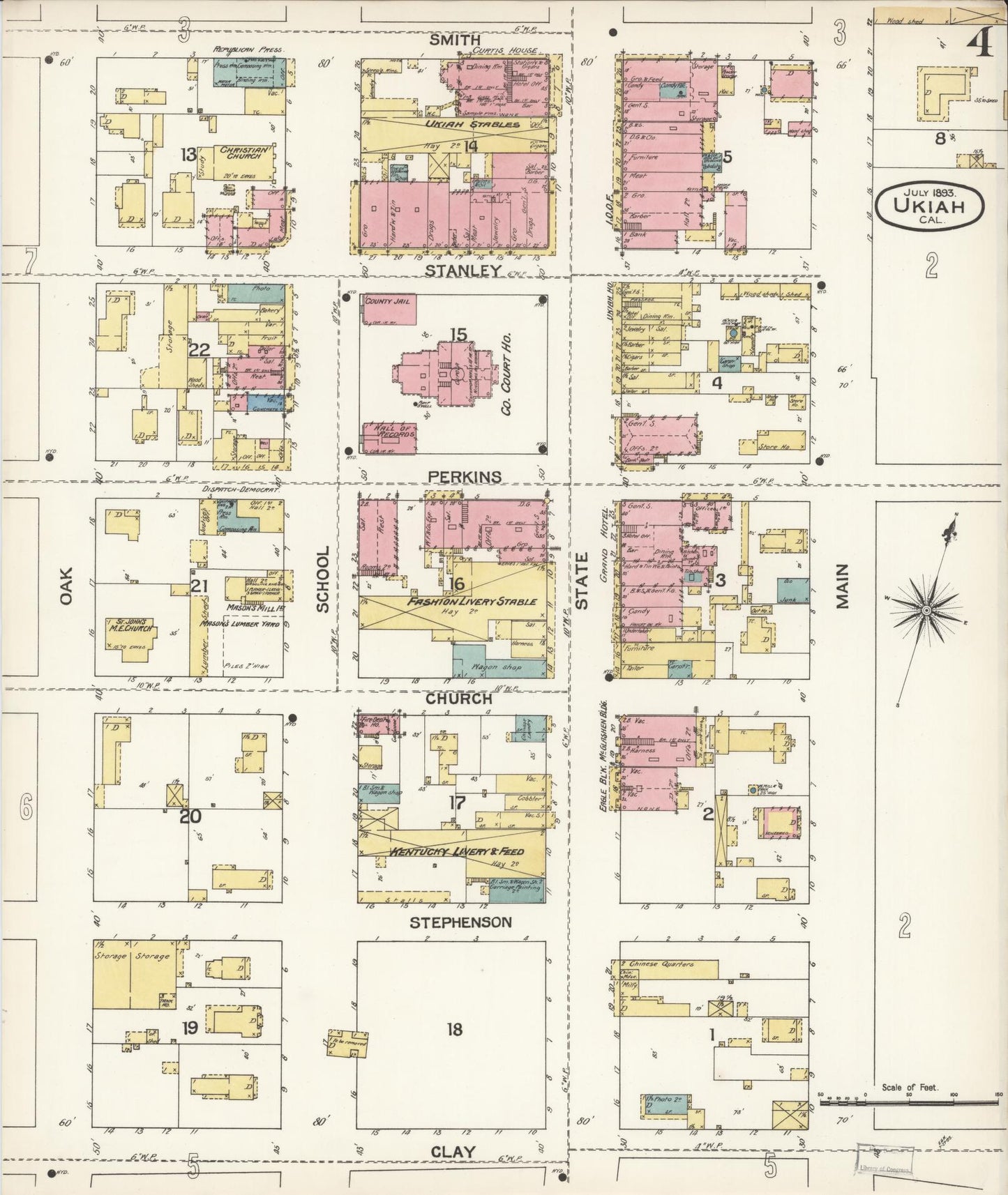 Sanborn Fire Insurance Map from Ukiah, Mendocino County, California (1893), Sheet #0004 - Complete Map Set gallery image, historic Sanborn map, vintage wall art, California California