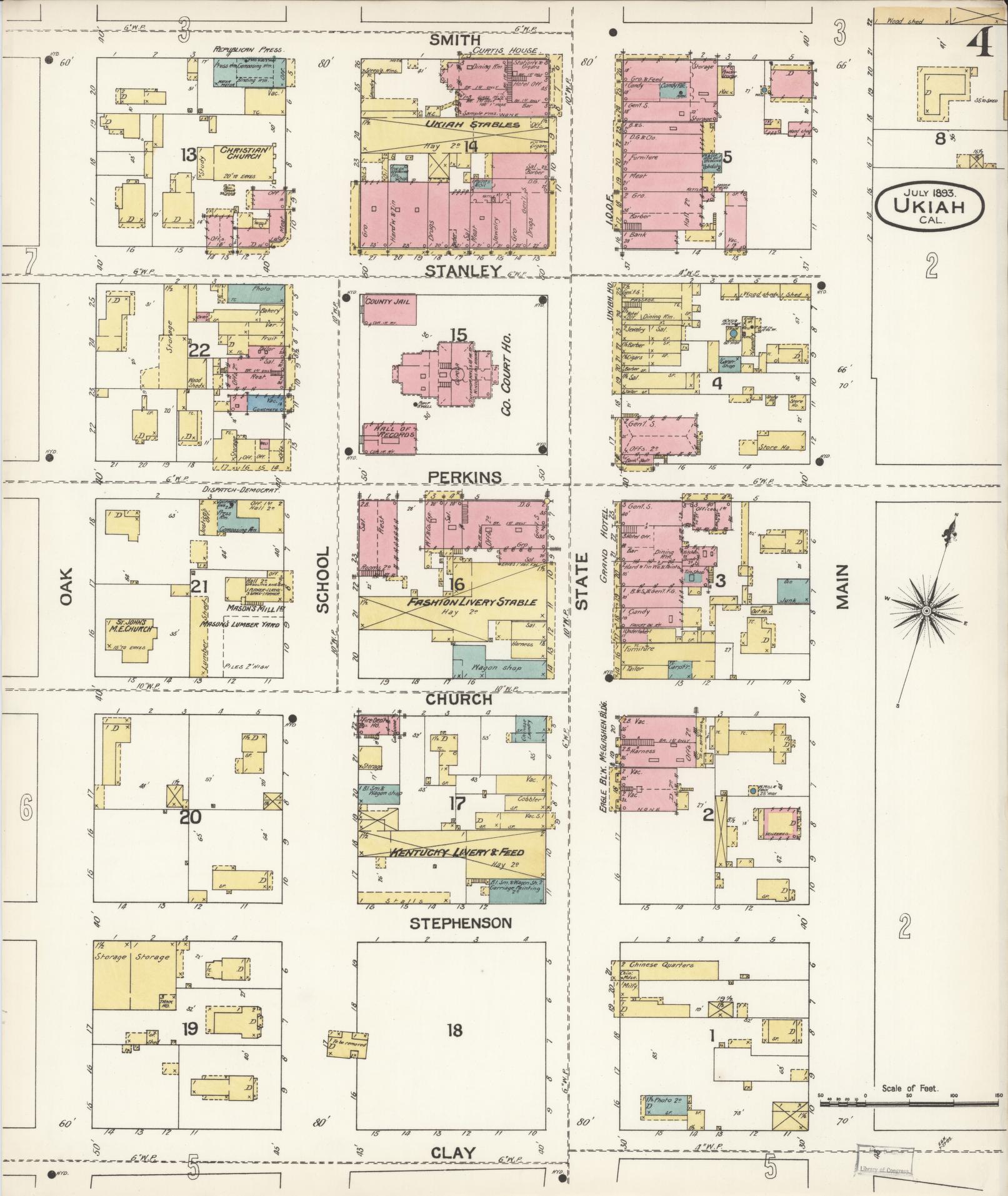 Sanborn Fire Insurance Map from Ukiah, Mendocino County, California (1893), Sheet #0004 - Complete Map Set gallery image, historic Sanborn map, vintage wall art, California California