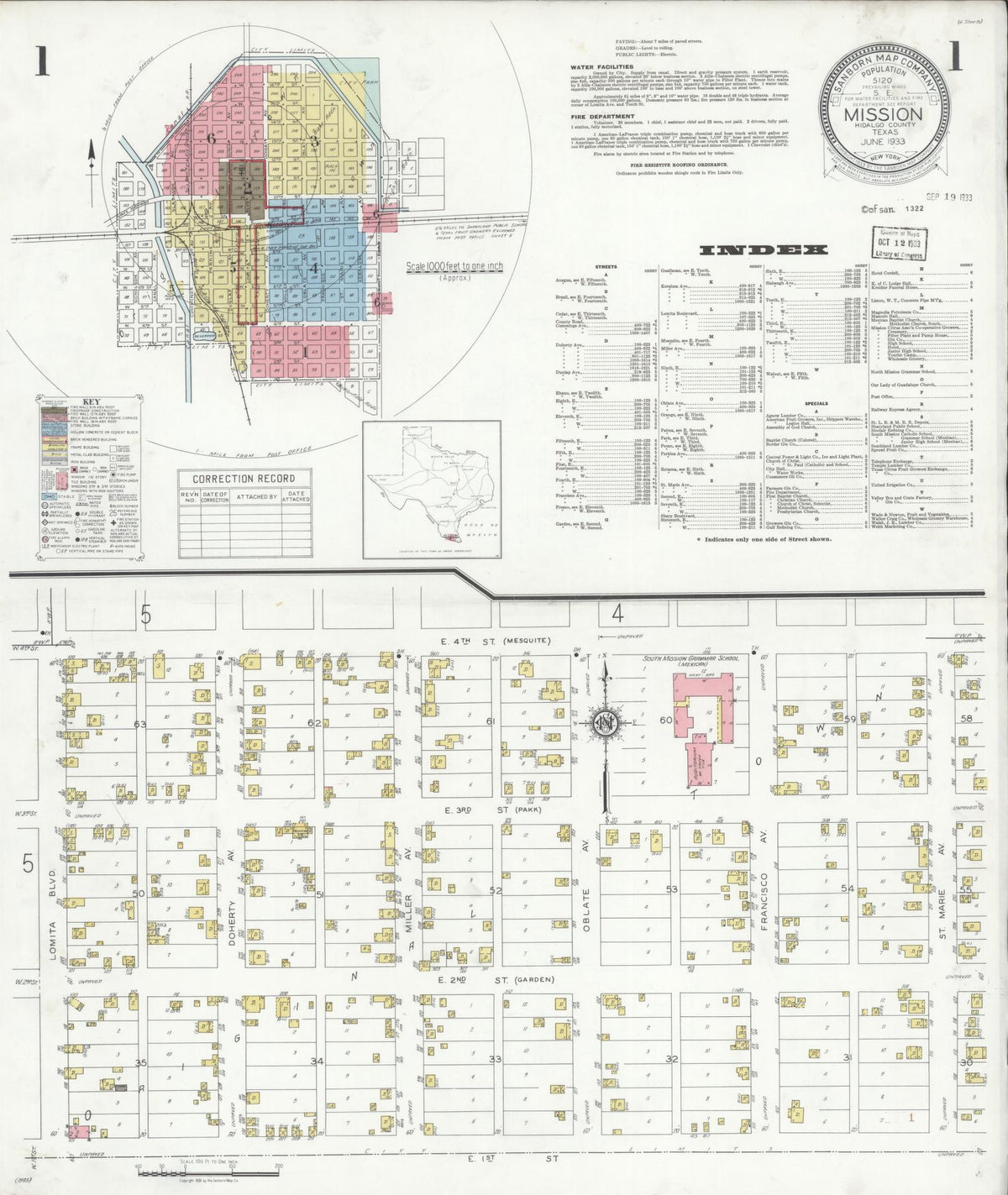 Sanborn Fire Insurance Map from Mission, Hidalgo County, Texas (1933), Sheet #0001 - Historic Sanborn Fire Insurance Map Print, vintage old map wall art, antique decor, genealogy gift, Texas Texas map