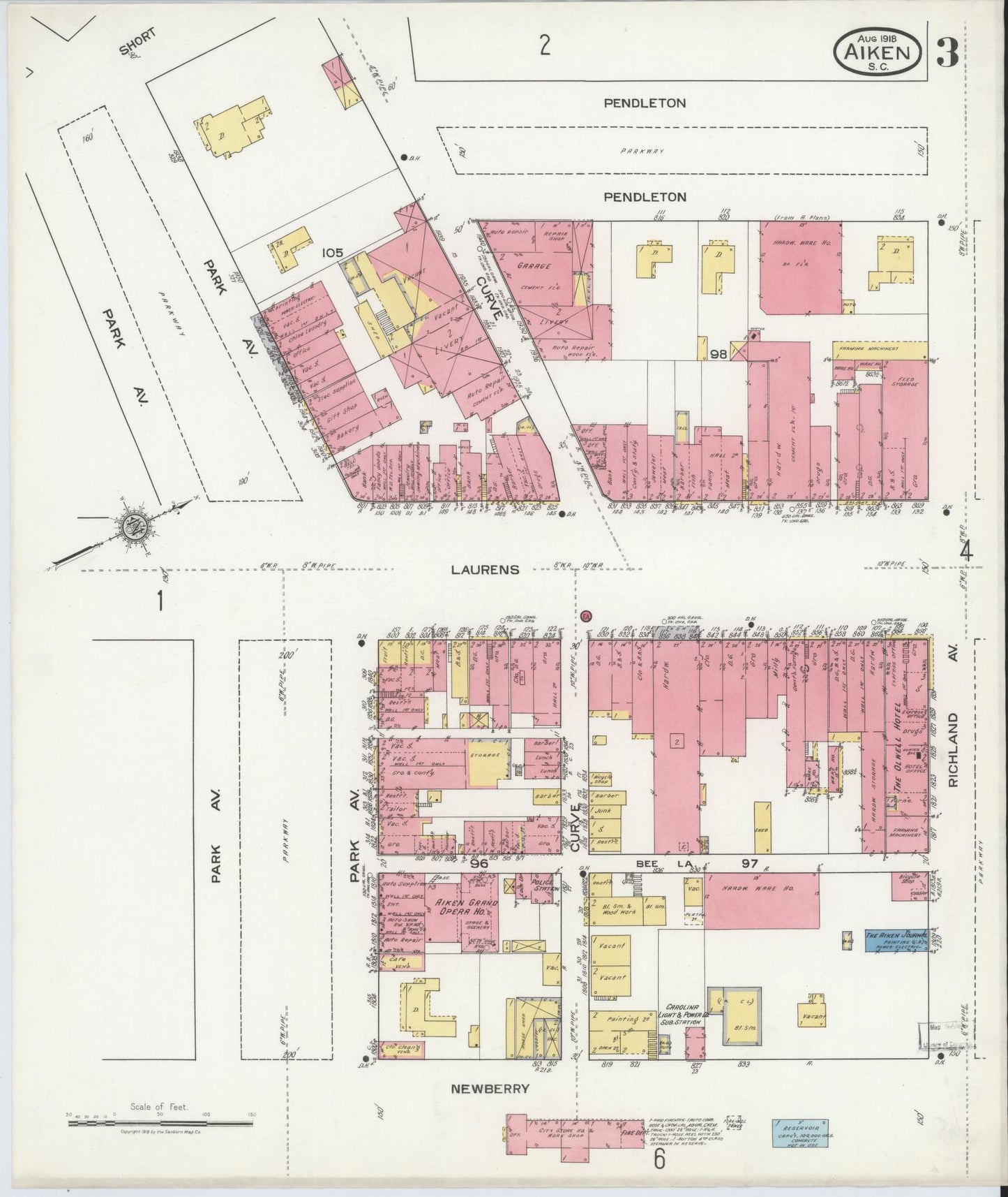 Sanborn Fire Insurance Map from Aiken, Aiken County, South Carolina (1918), Sheet #0003 - Complete Map Set gallery image, historic Sanborn map, vintage wall art, South Carolina South Carolina