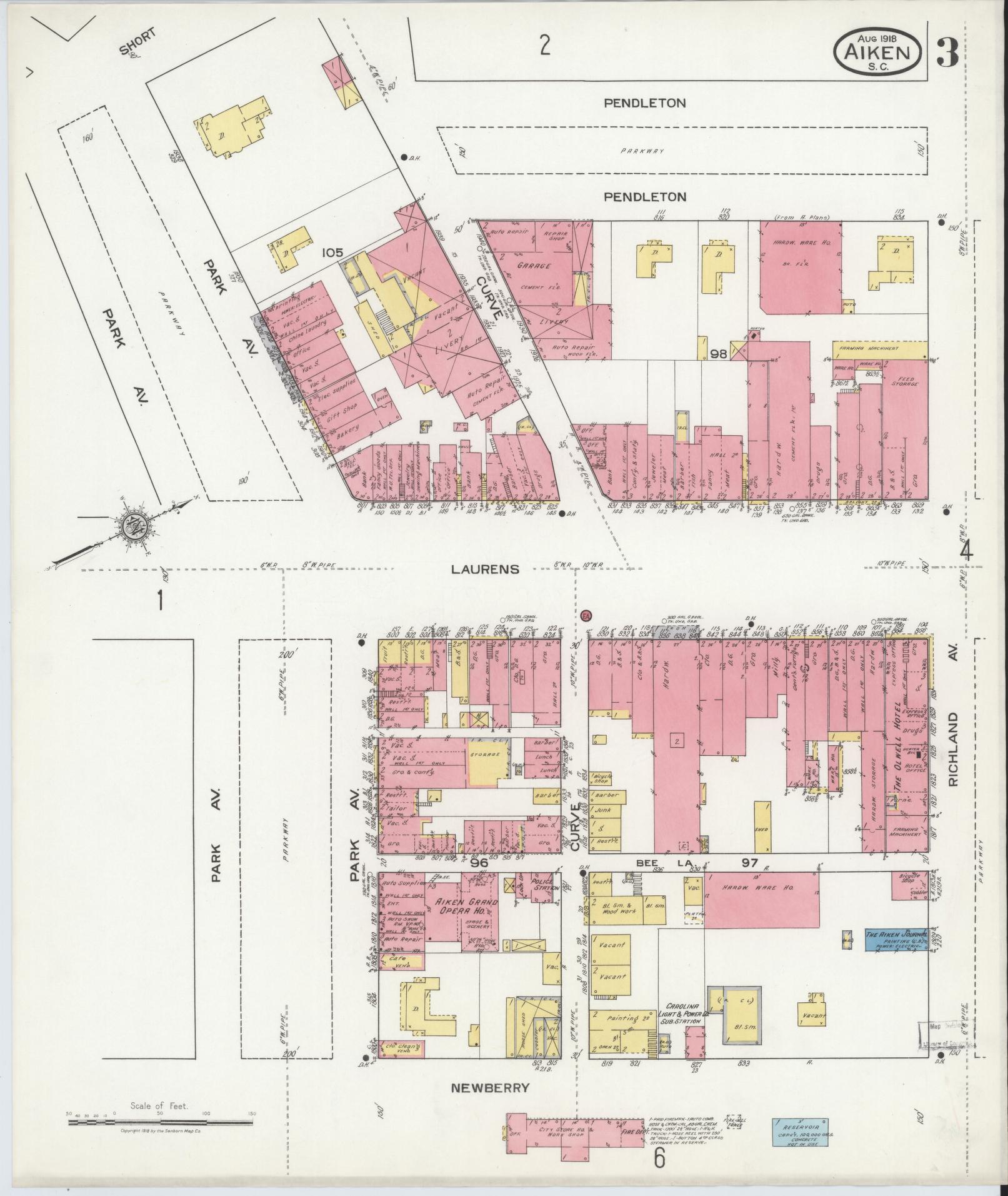 Sanborn Fire Insurance Map from Aiken, Aiken County, South Carolina (1918), Sheet #0003 - Complete Map Set gallery image, historic Sanborn map, vintage wall art, South Carolina South Carolina