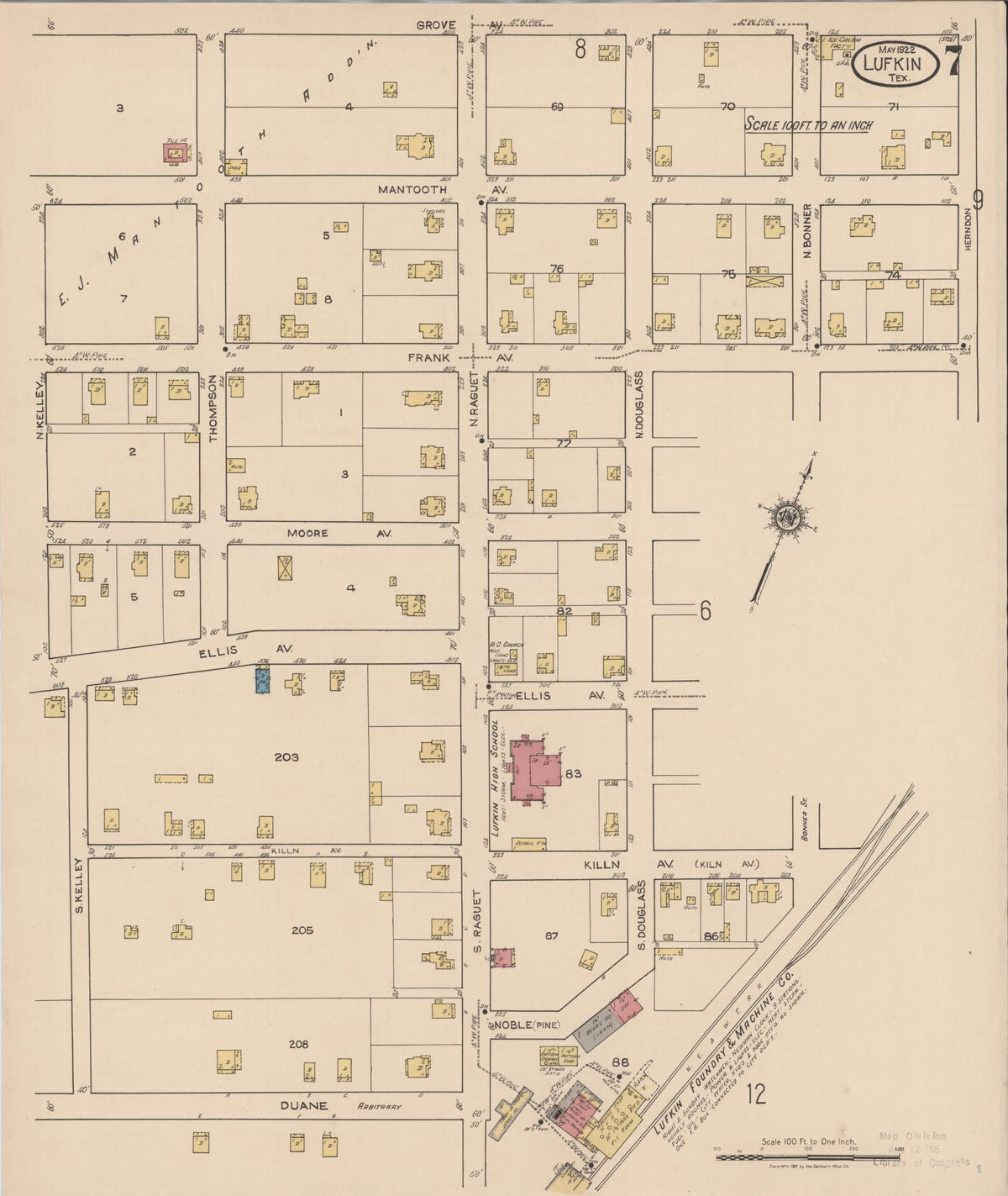 Sanborn Fire Insurance Map from Lufkin, Angelina County, Texas (1922), Sheet #0007 - Historic Sanborn Fire Insurance Map Print, vintage old map wall art, antique decor, genealogy gift, Texas Texas map